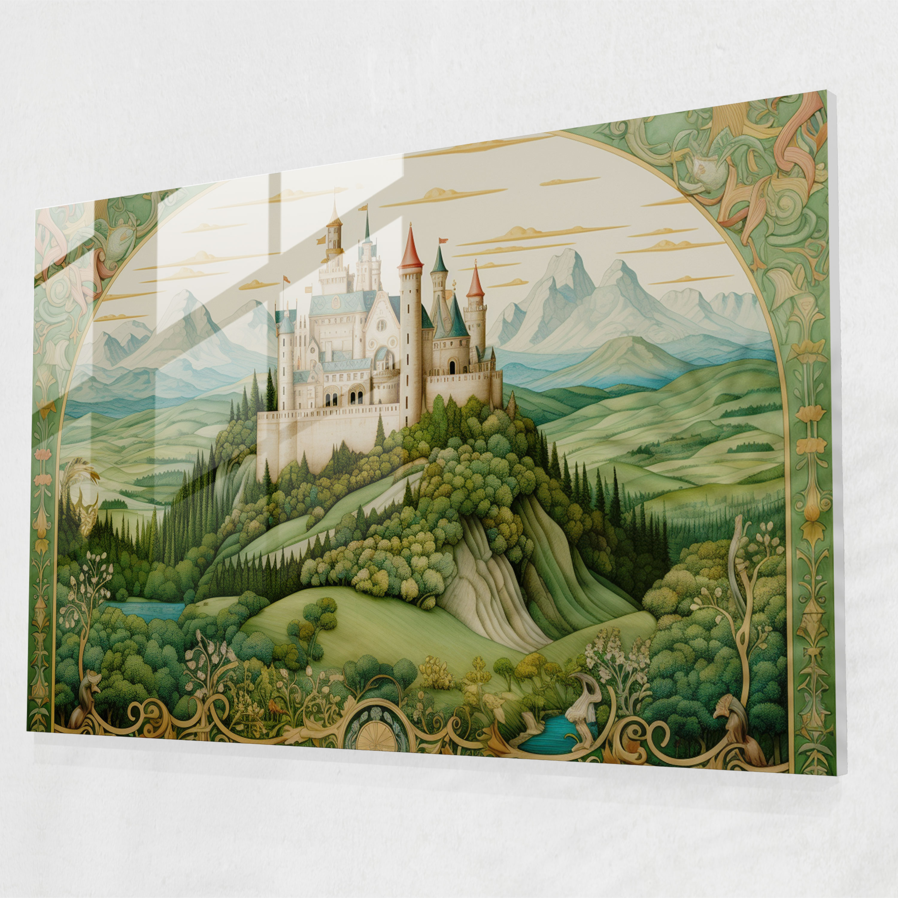 Medieval Glass Wall Art: Castle And Green Fields - Medieval, Modern Art, Elegant Calligraphy, Glass Art