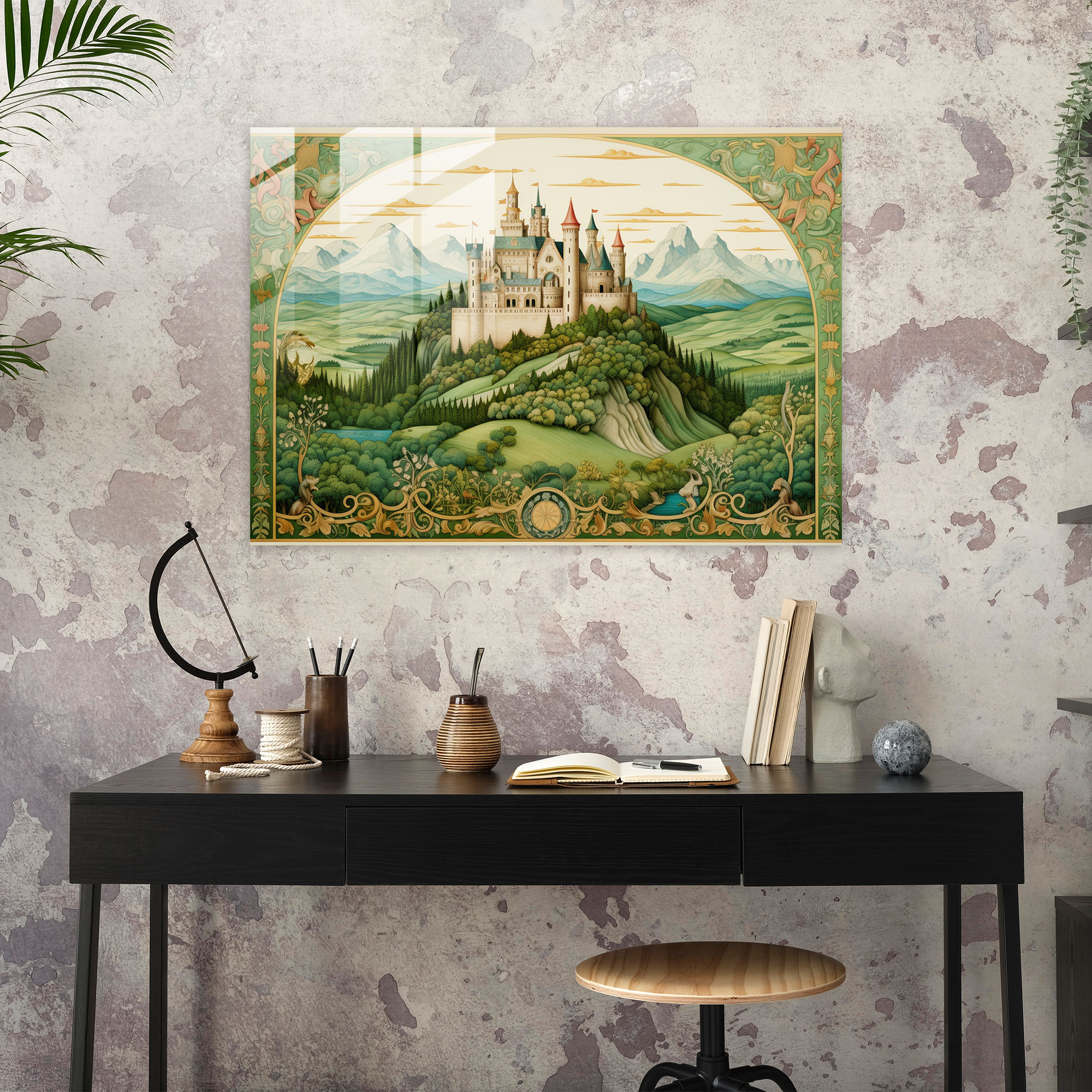 Medieval Glass Wall Art: Castle And Green Fields - Medieval, Modern Art, Elegant Calligraphy, Glass Art
