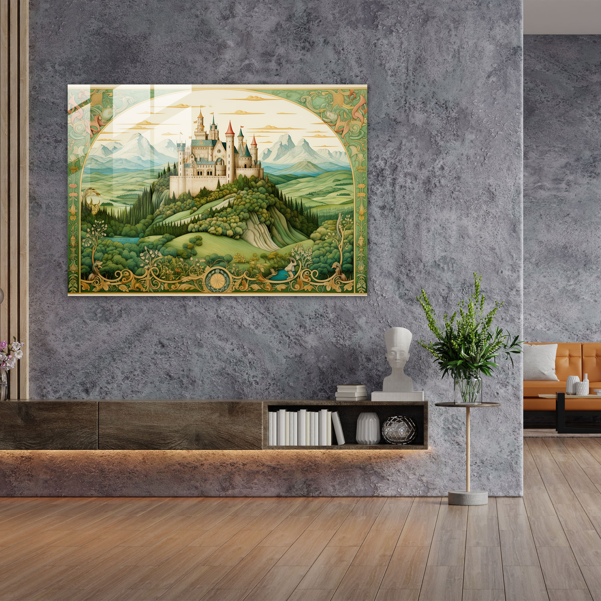 Medieval Glass Wall Art: Castle And Green Fields - Medieval, Modern Art, Elegant Calligraphy, Glass Art