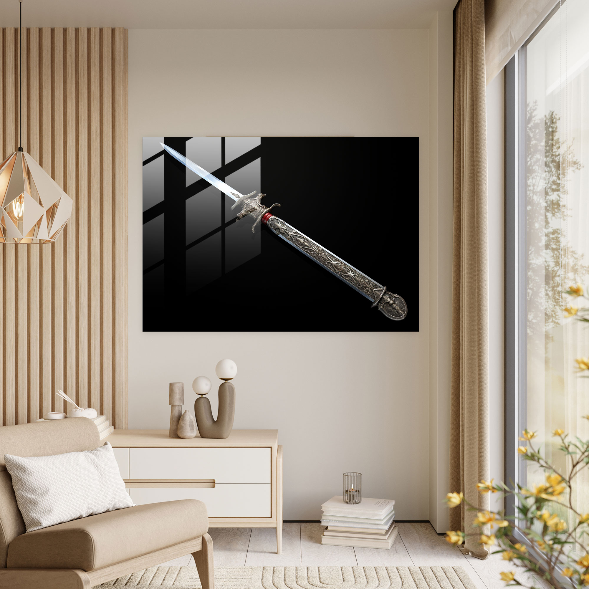 Ortaçağ Cam Tablosu: İnce İşlemeli Şövalye Kılıcı - Ortaçağ Cam Tablo Cam Sanatı Modern Sanat
