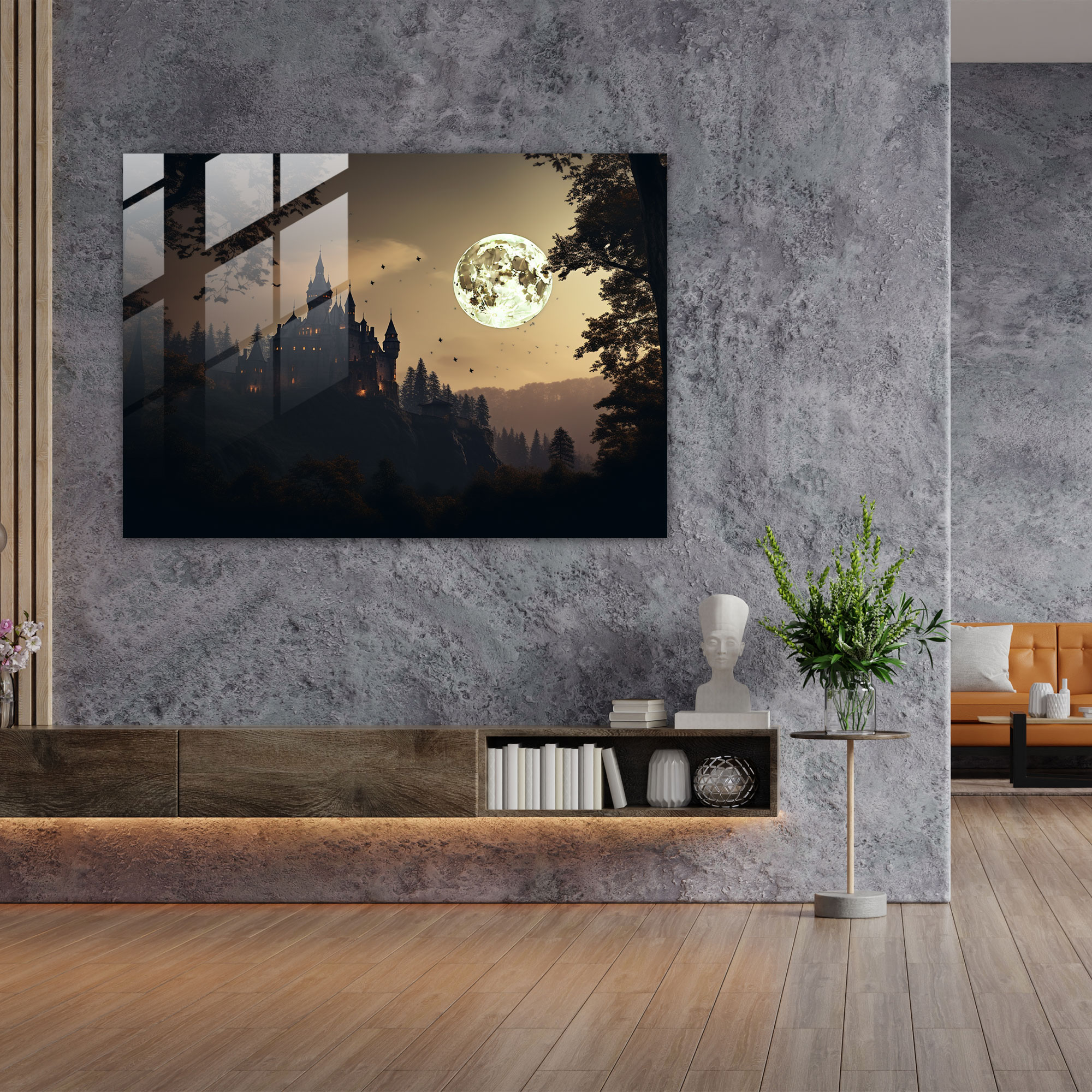 Orta Çağ Ay Işığında Cam Tablo - Orta Çağ Duvar Dekorasyonu Modern Sanat