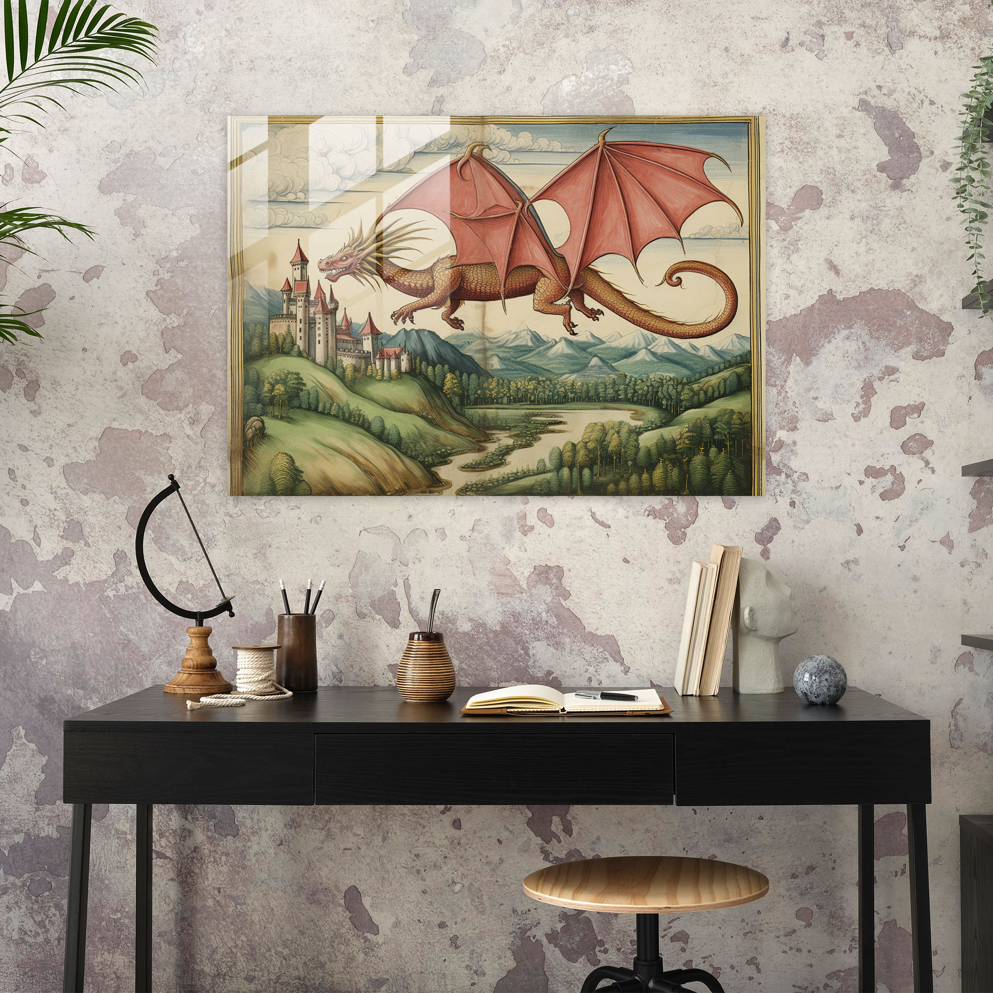 Medieval Dragon Glass Print - Medieval, Enchantment, Home Decoration, Medieval