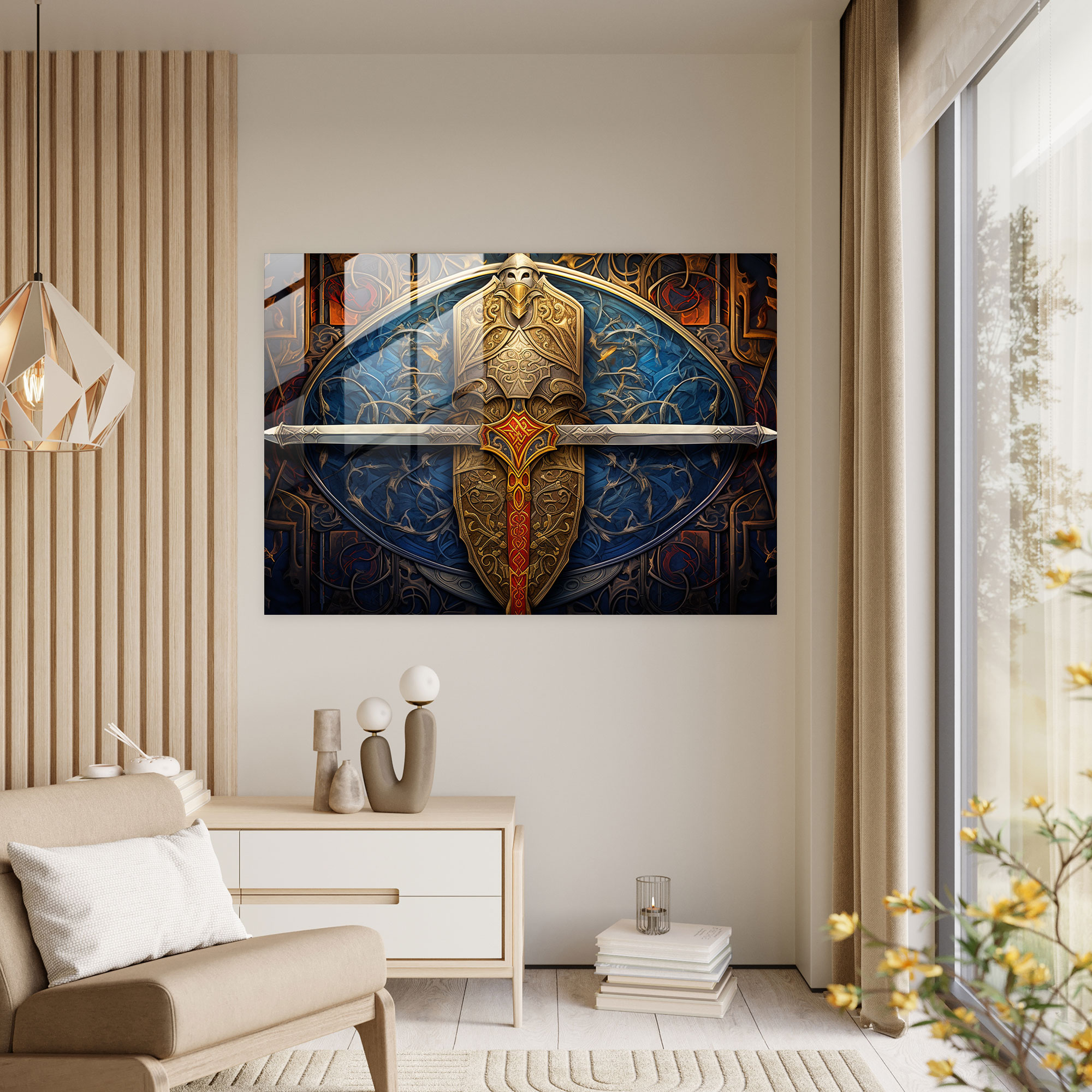 Ortaçağ Şövalye Kılıcı ve Kalkan Cam Tablosu - Ortaçağ Modern Sanat Ortaçağ Silahları Cam Sanatı