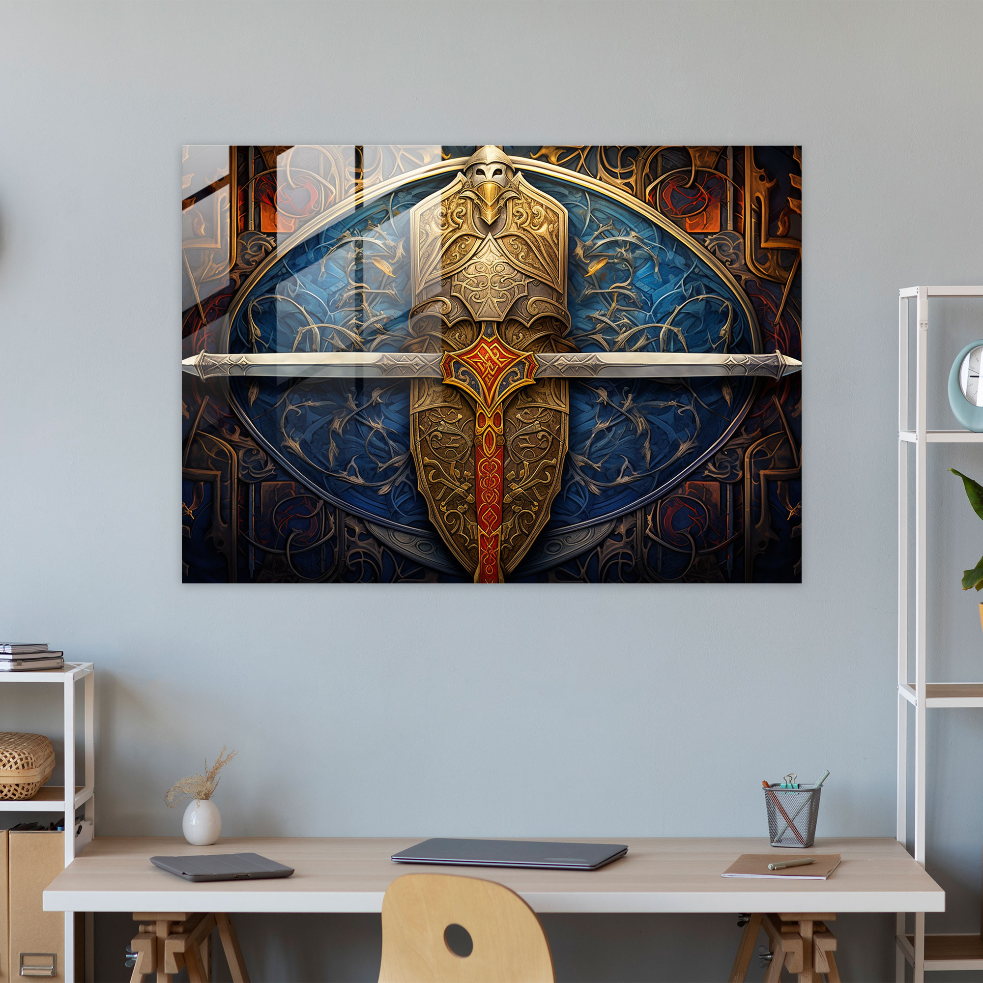 Ortaçağ Şövalye Kılıcı ve Kalkan Cam Tablosu - Ortaçağ Modern Sanat Ortaçağ Silahları Cam Sanatı
