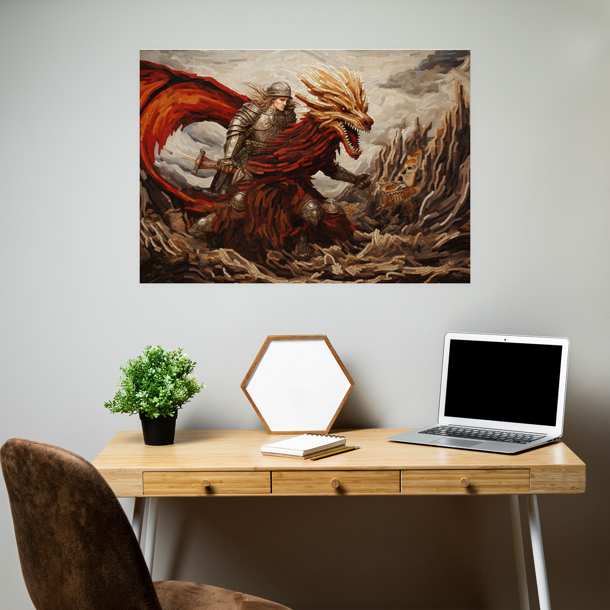 Medieval Knight Vs Dragon Wall Art - Medieval, Mosaic Artwork, Canvas, Canvas Print