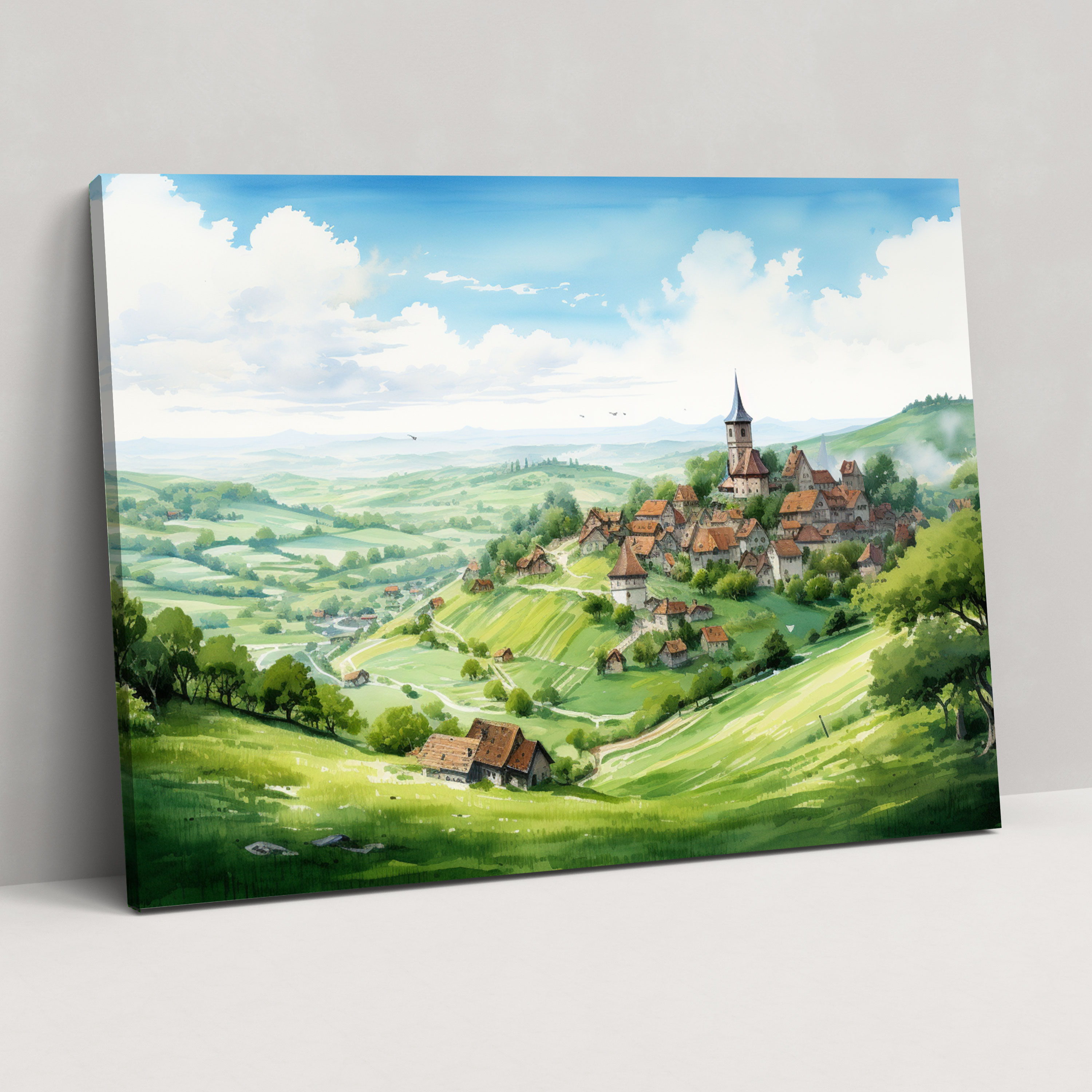 Medieval Village Watercolor Wall Art - Medieval, Home Decoration, Canvas Print, Medieval
