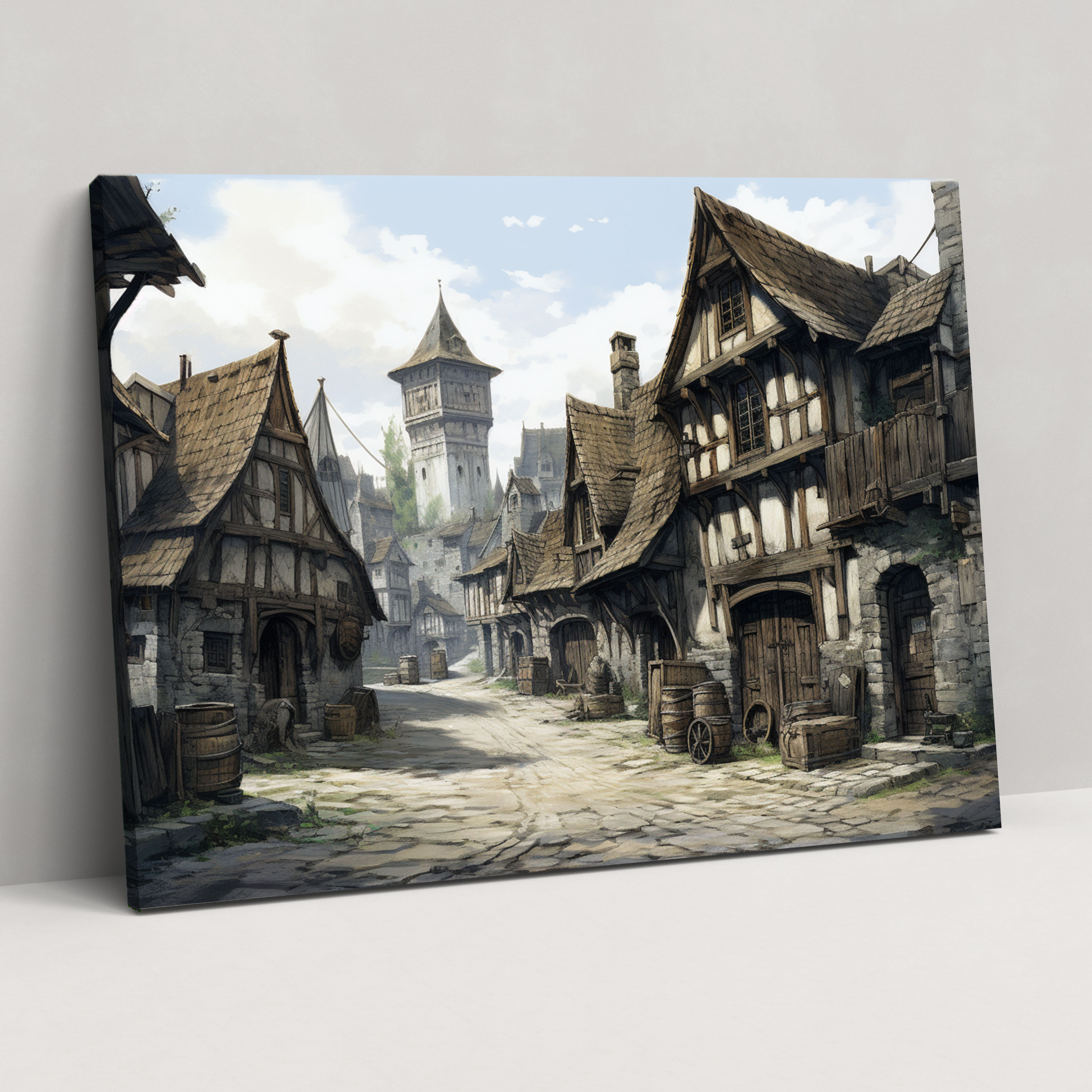 Medieval Village Canvas Print - Medieval, Detailed Sketch, Beauty, Home Decoration