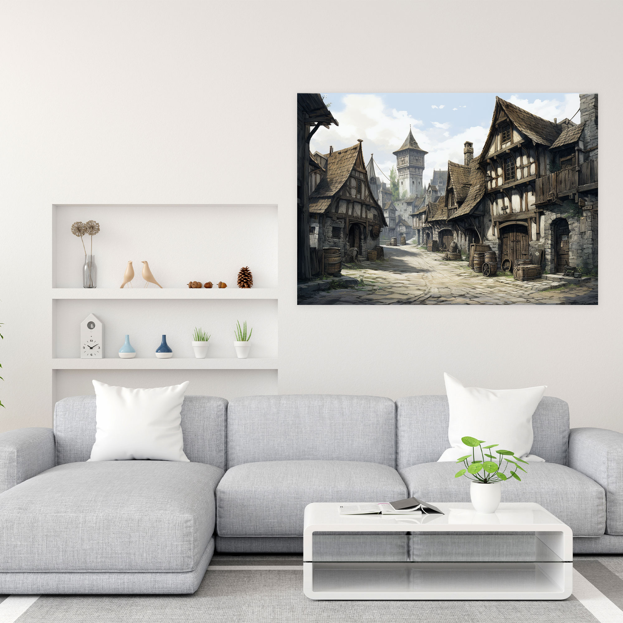 Medieval Village Canvas Print - Medieval, Detailed Sketch, Beauty, Home Decoration