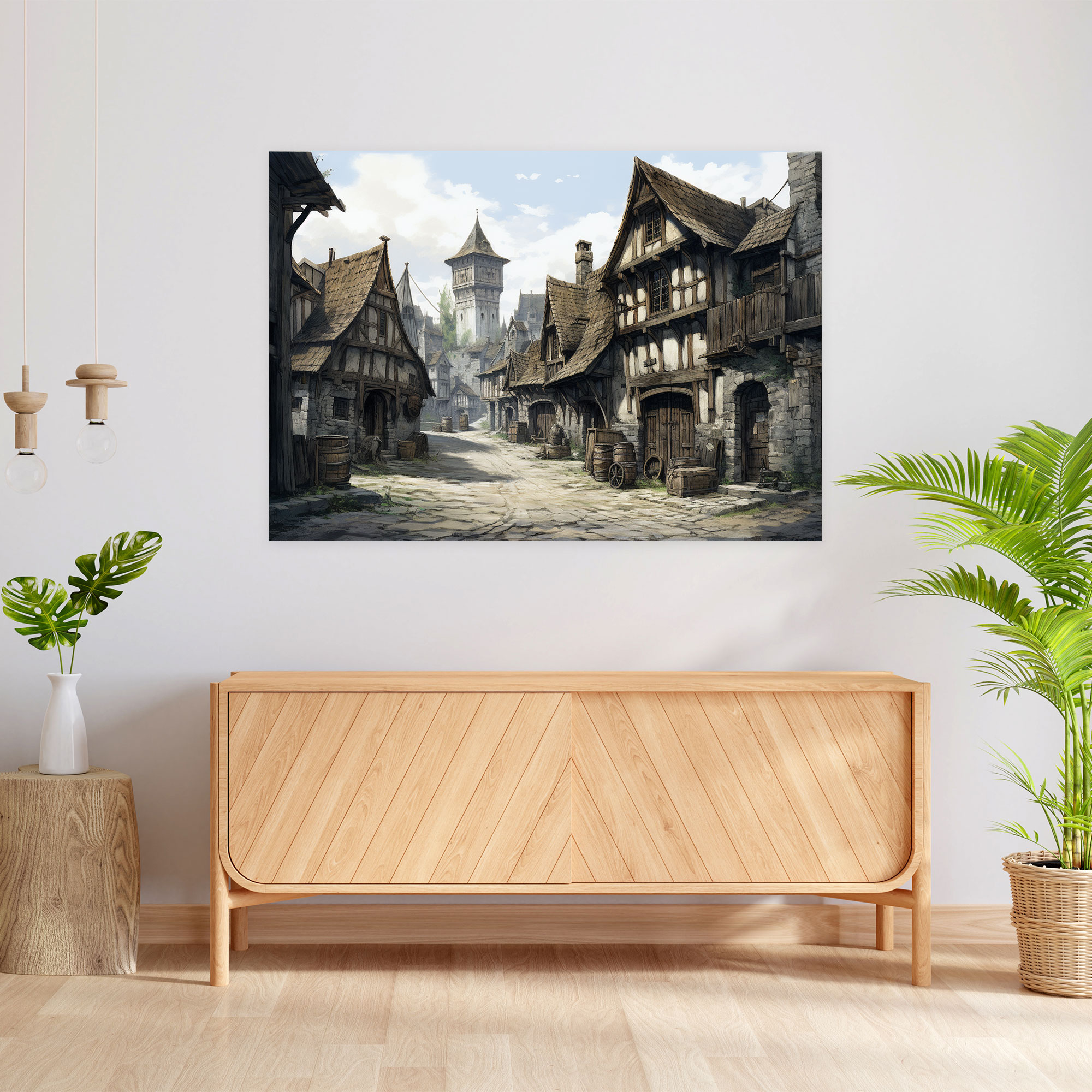 Medieval Village Canvas Print - Medieval, Detailed Sketch, Beauty, Home Decoration