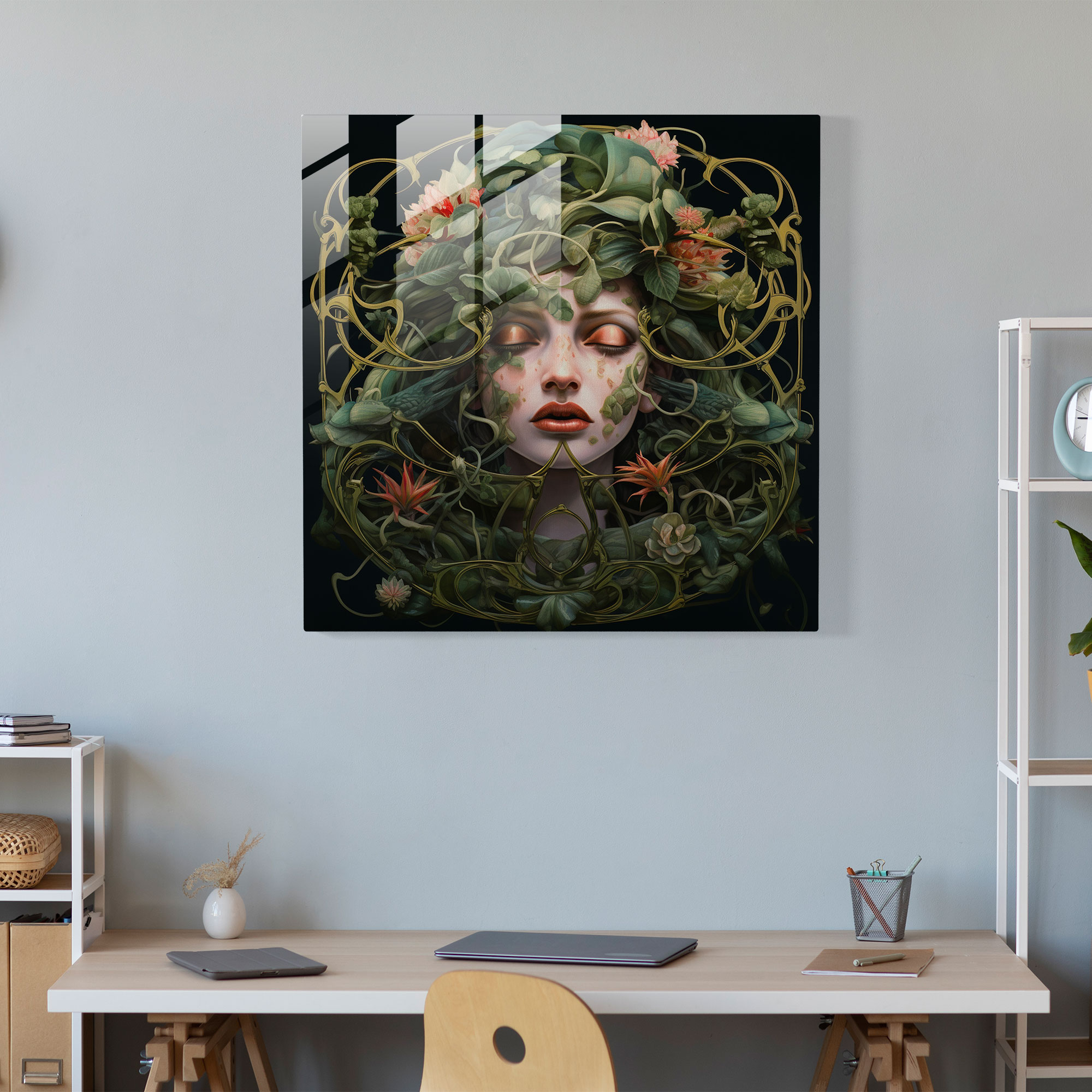Medusa'nın Büyülü Bahçe Cam Tablosu - Duvar Dekorasyonu Cam Sanatı Gerçeküstü.