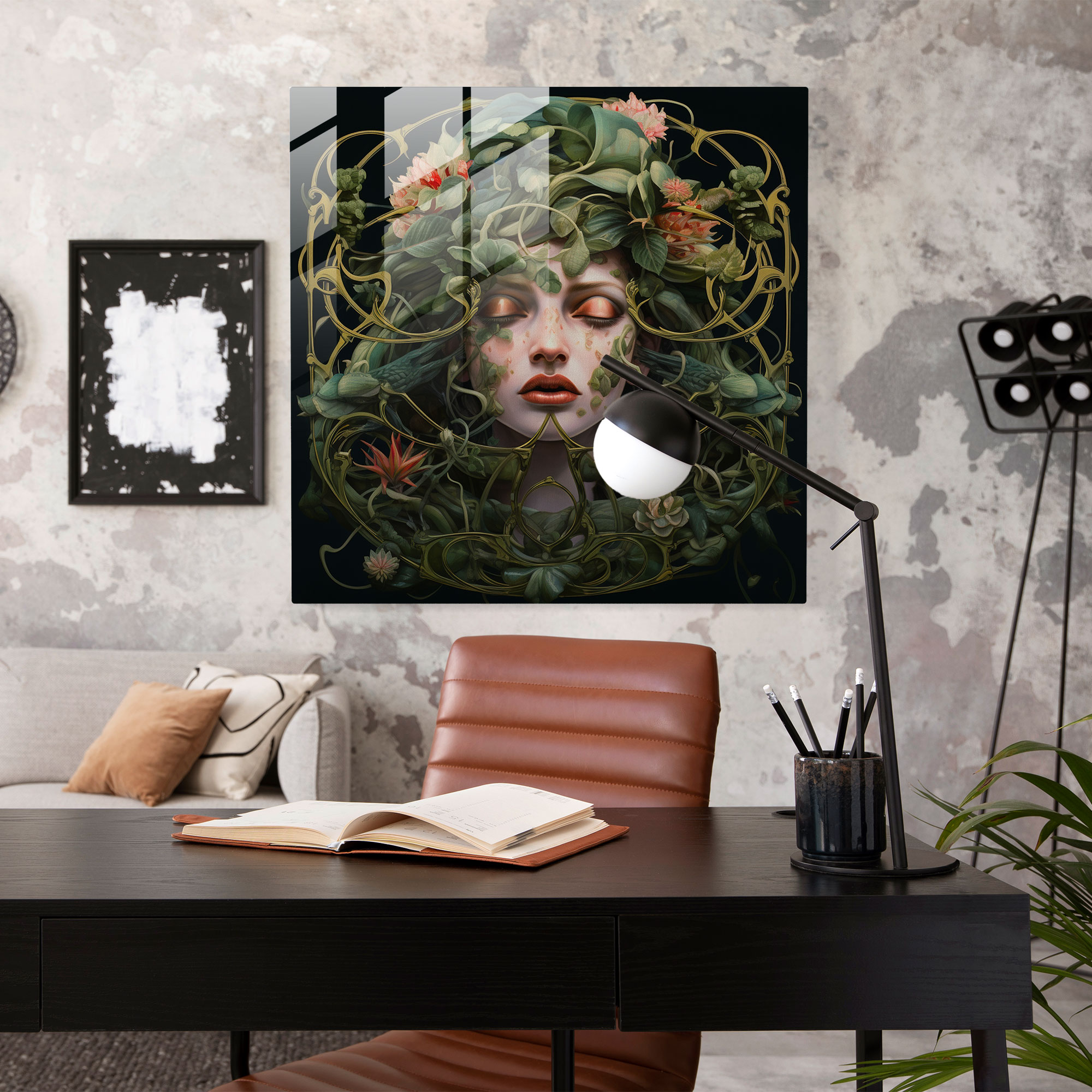 Medusa'nın Büyülü Bahçe Cam Tablosu - Duvar Dekorasyonu Cam Sanatı Gerçeküstü.