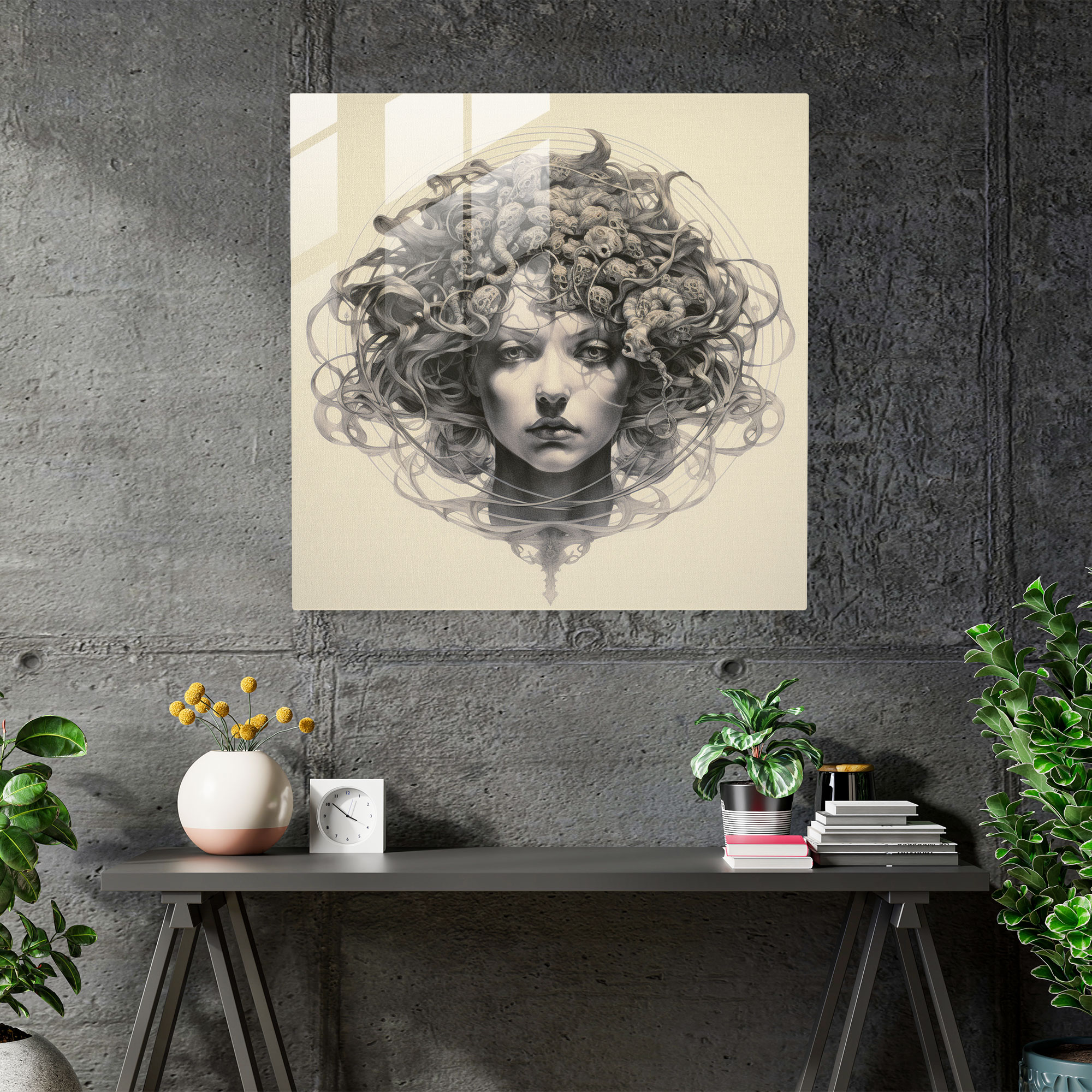 Medusa'nın Klasik Güzelliği Cam Tablo - Eski Yunan Medusa Ev Dekorasyonu Duvar Dekorasyonu