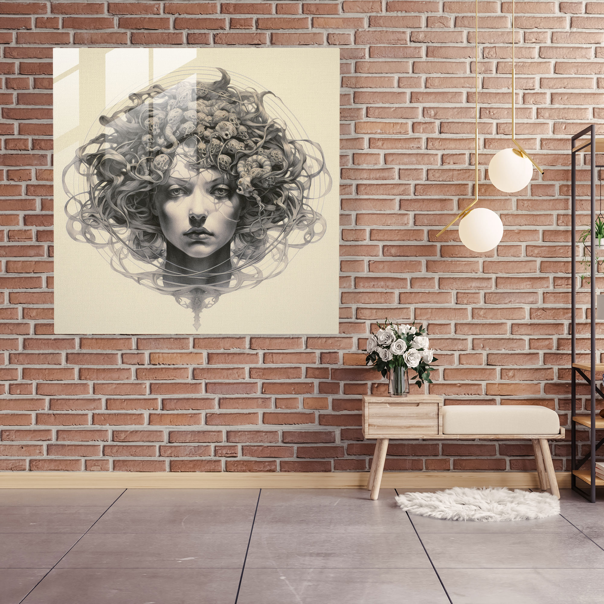Medusa'nın Klasik Güzelliği Cam Tablo - Eski Yunan Medusa Ev Dekorasyonu Duvar Dekorasyonu
