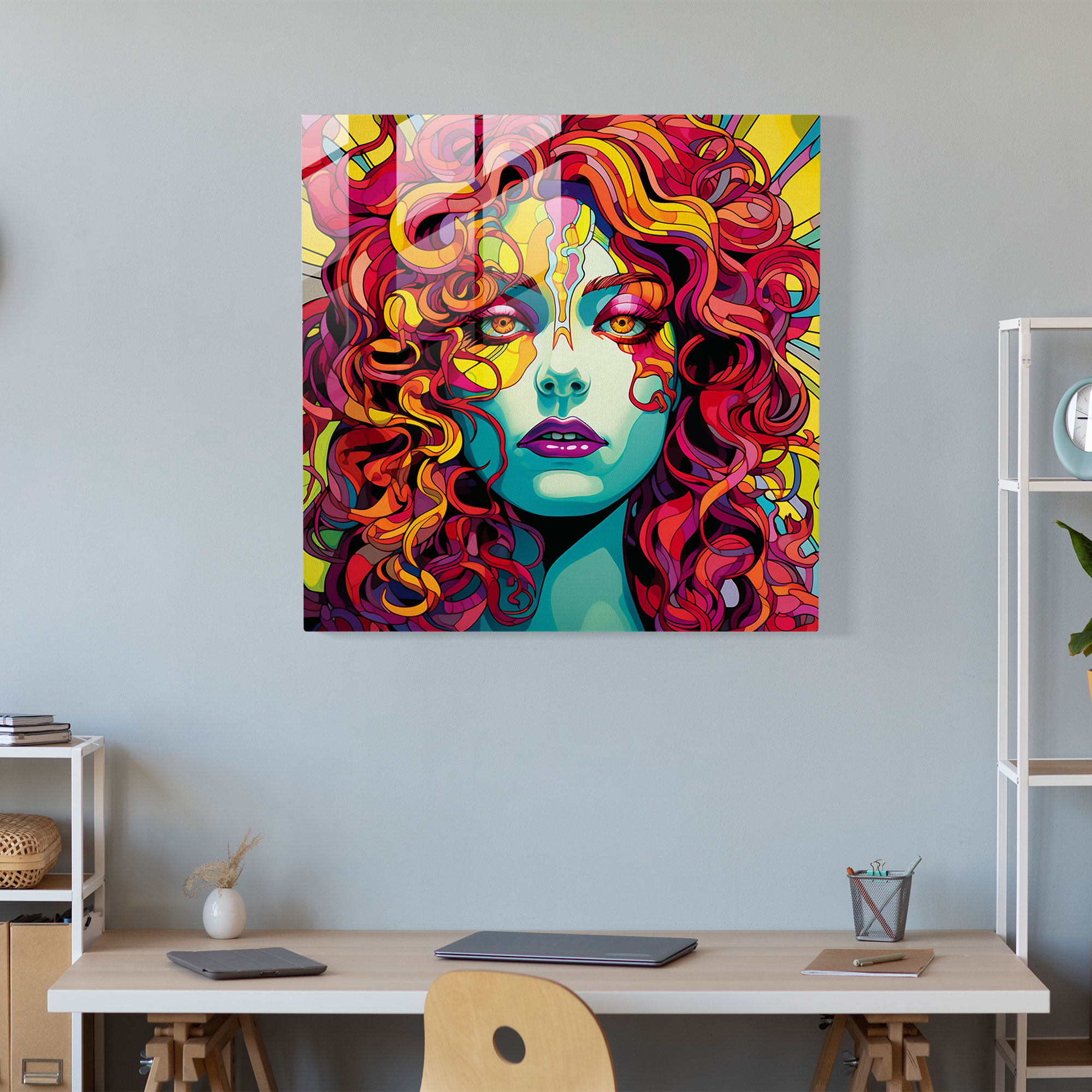 Medusa'nın Pop Sanat Macerası Cam Tablosu - Ev Dekorasyonu Büyüleyici Enerji Canlı Renkler