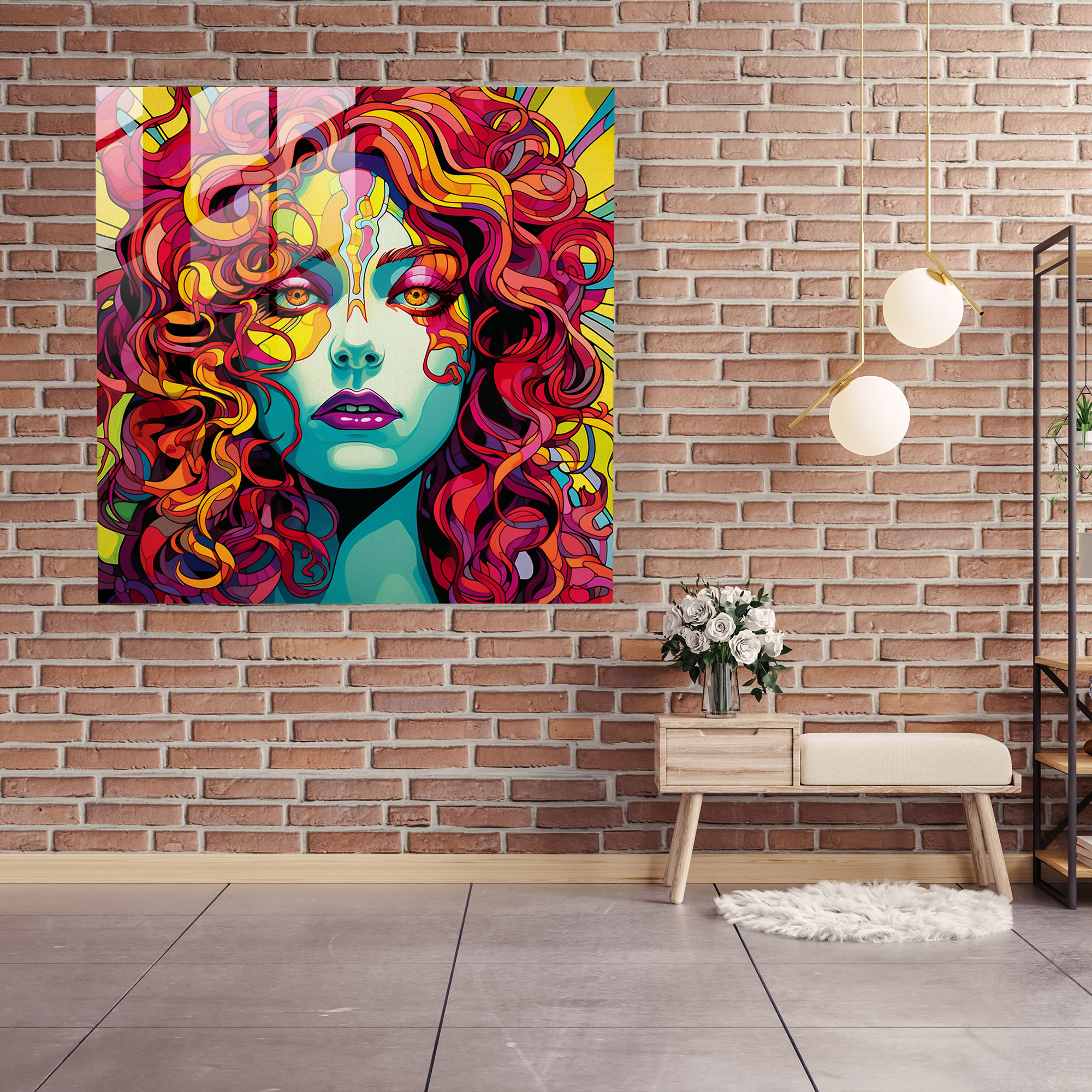 Medusa'nın Pop Sanat Macerası Cam Tablosu - Ev Dekorasyonu Büyüleyici Enerji Canlı Renkler