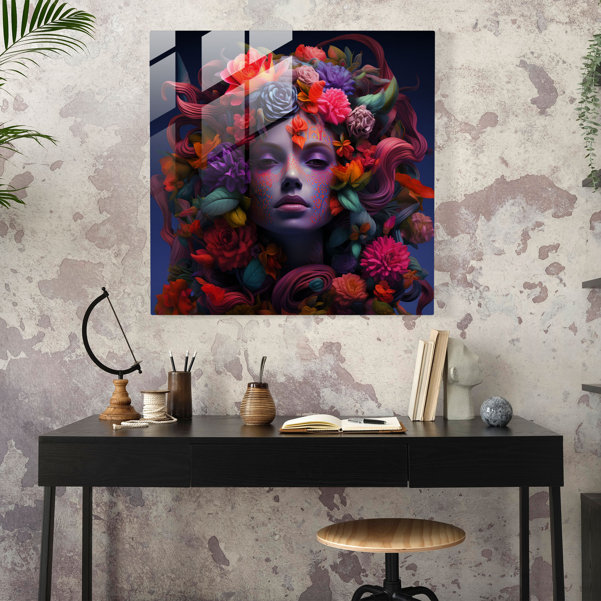 Medusa Çiçekli Cam Tablo Baskısı - Medusa Cam Sanatı Canlı Çiçekler Modern Sanat