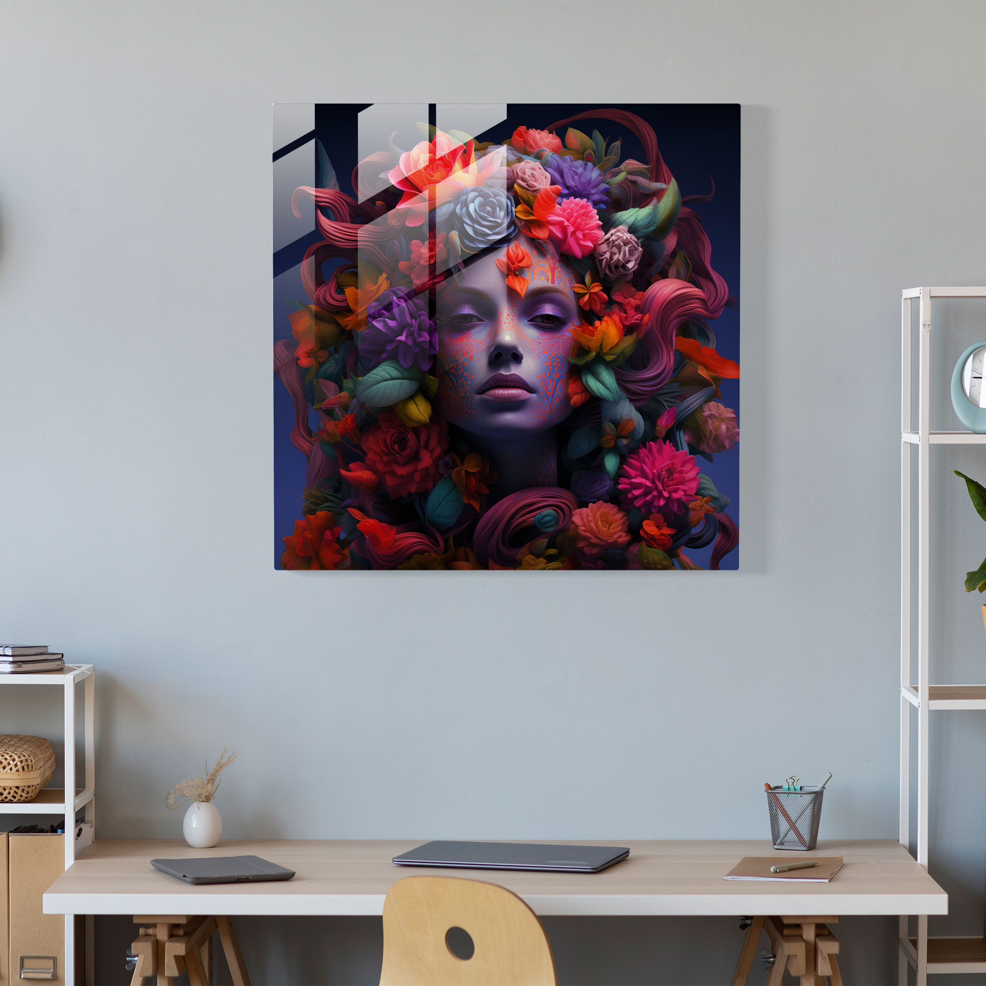 Medusa Çiçekli Cam Tablo Baskısı - Medusa Cam Sanatı Canlı Çiçekler Modern Sanat