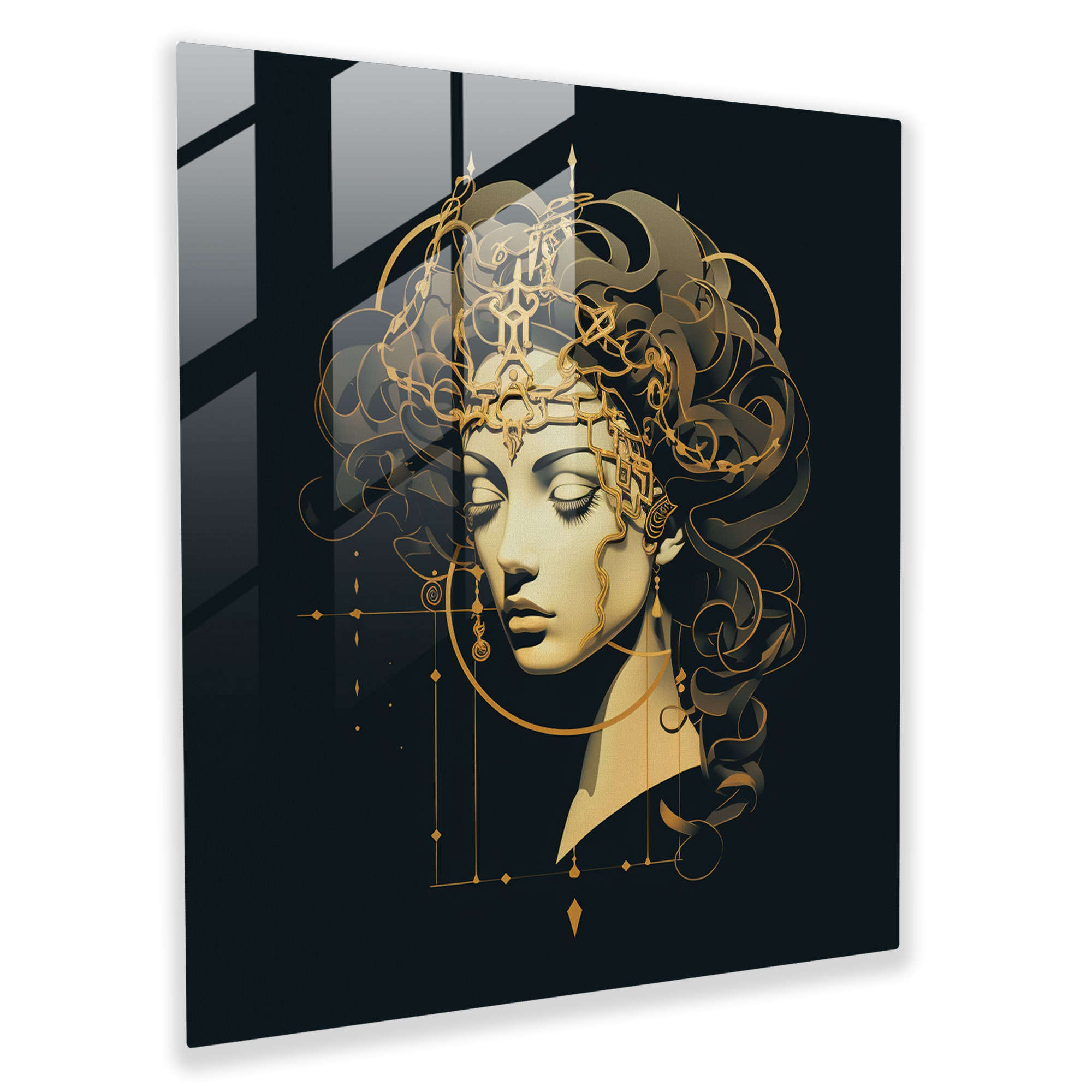 Golden Geometric Medusa Glass Print - Medusa, Glass Art, Minimalist, Wall Decoration