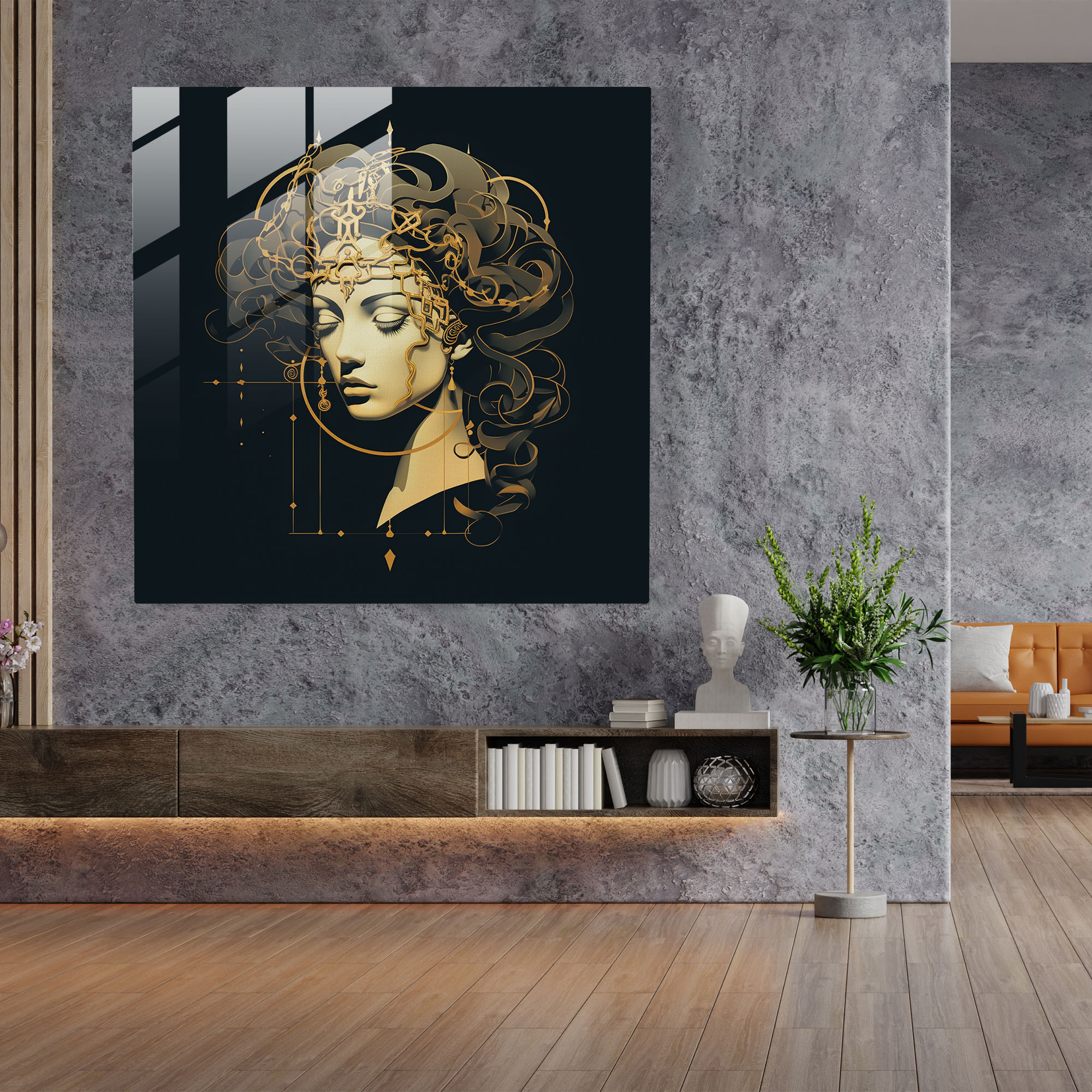 Golden Geometric Medusa Glass Print - Medusa, Glass Art, Minimalist, Wall Decoration