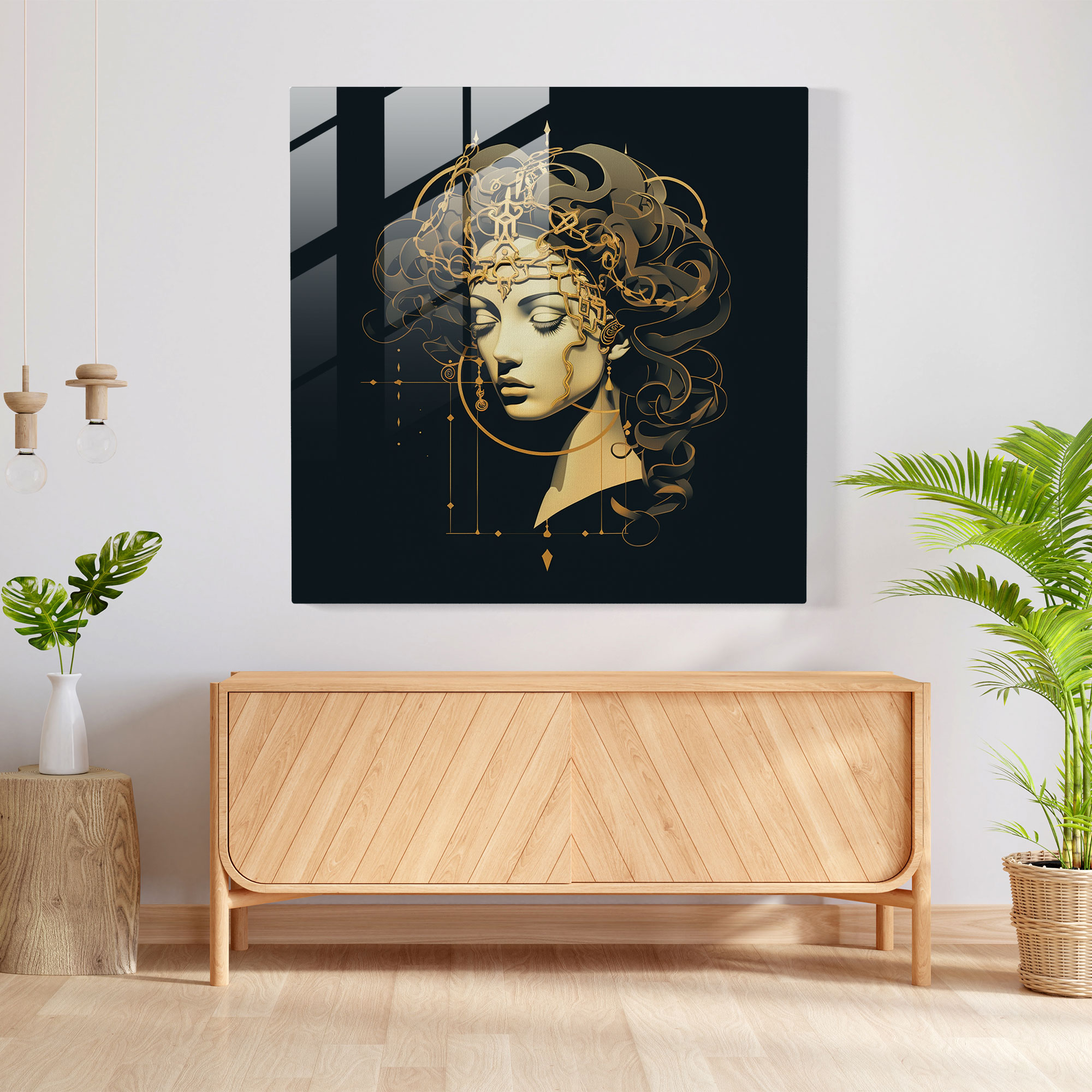 Golden Geometric Medusa Glass Print - Medusa, Glass Art, Minimalist, Wall Decoration