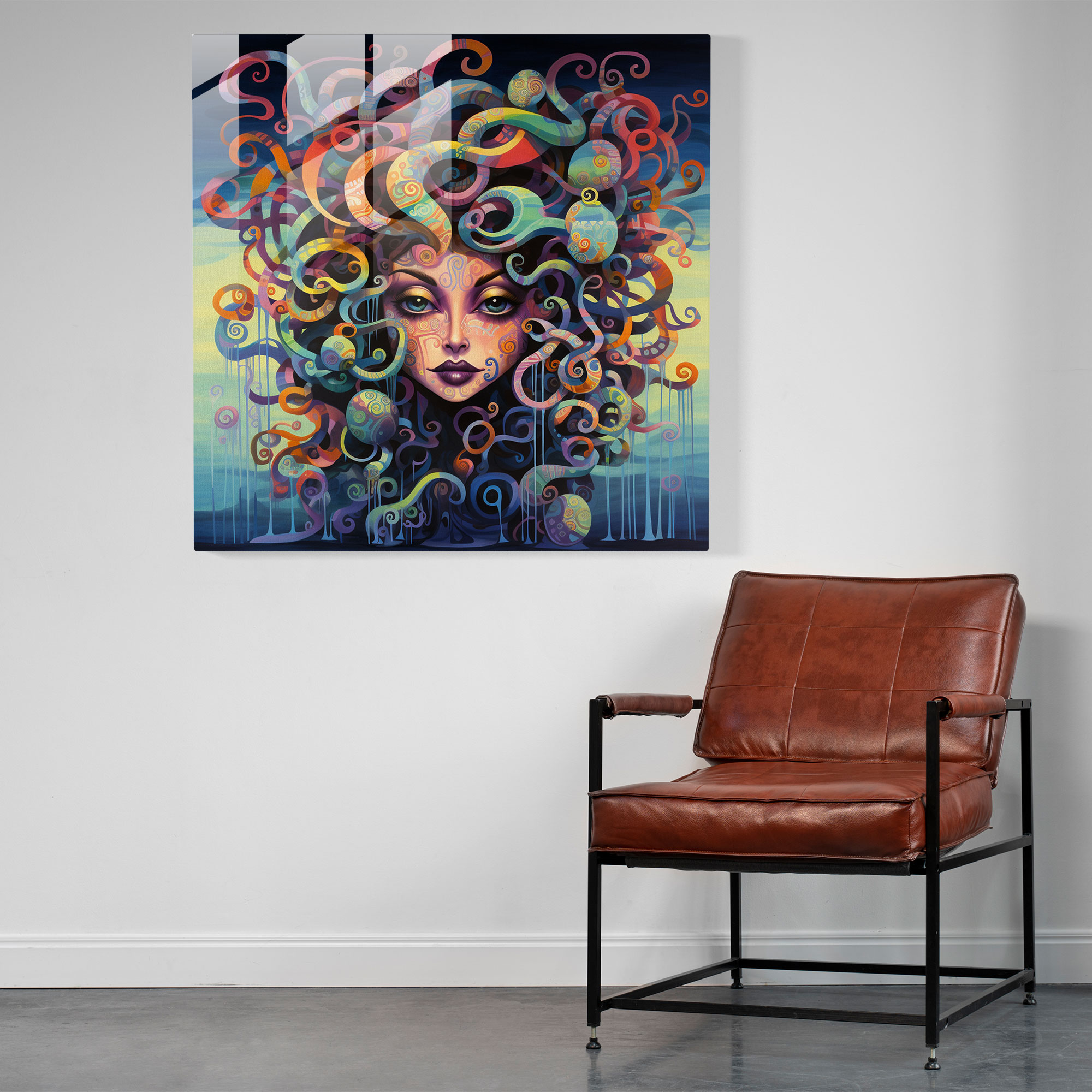Eğlenceli Medusa Cam Tablosu - Medusa Eğlenceli Çekicilik Renkli Arka Plan Cam Tablo