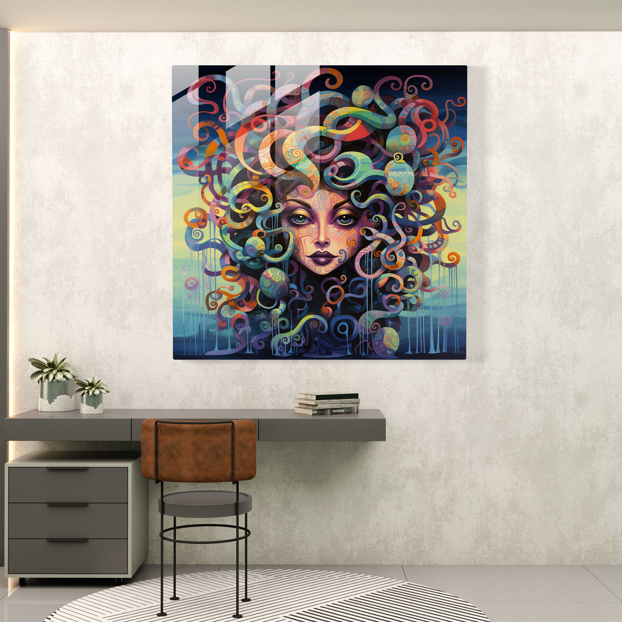Eğlenceli Medusa Cam Tablosu - Medusa Eğlenceli Çekicilik Renkli Arka Plan Cam Tablo