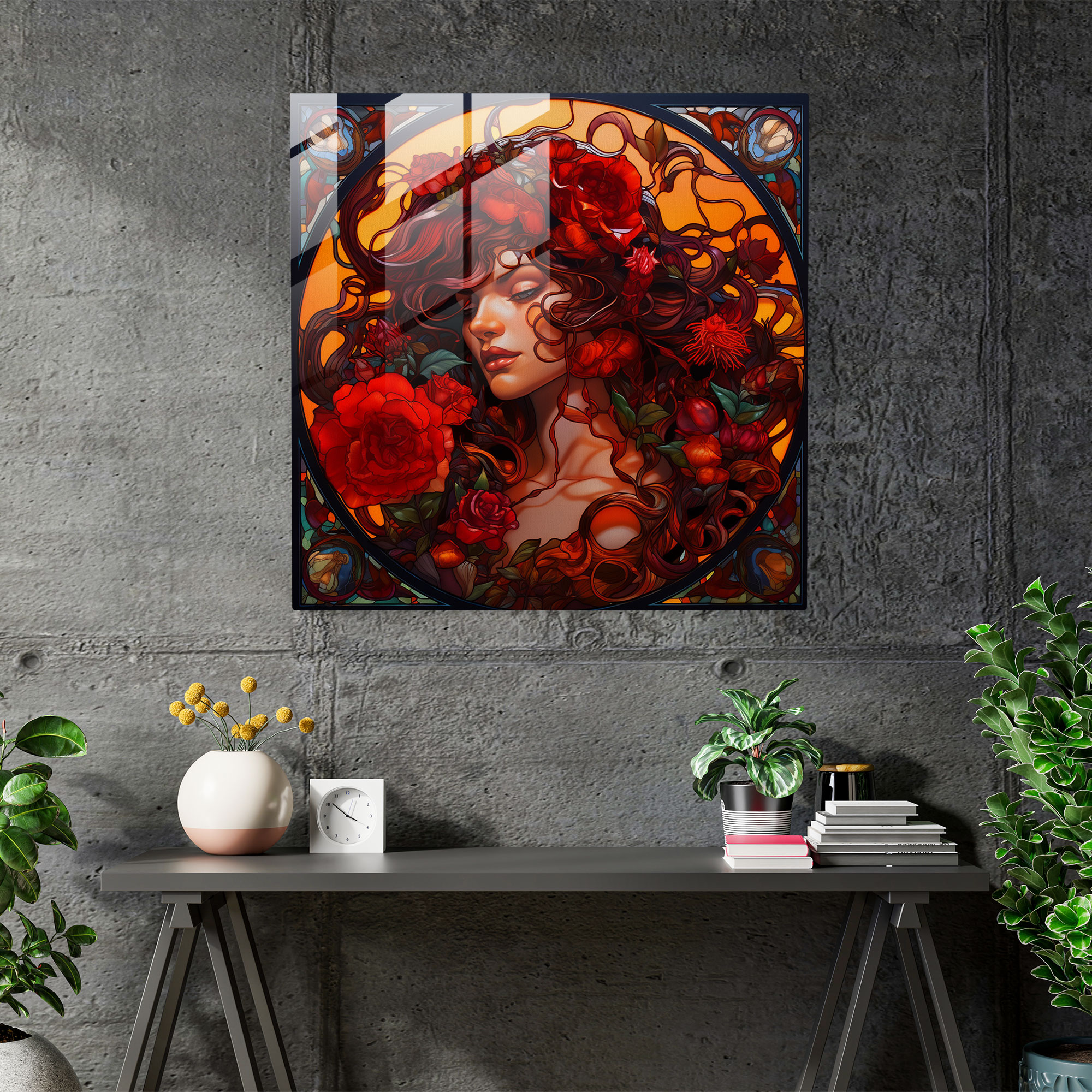 Medusa Alevli Gül Cam Tablo Sanatı - Canlı Tutku Dolu Modern Sanat