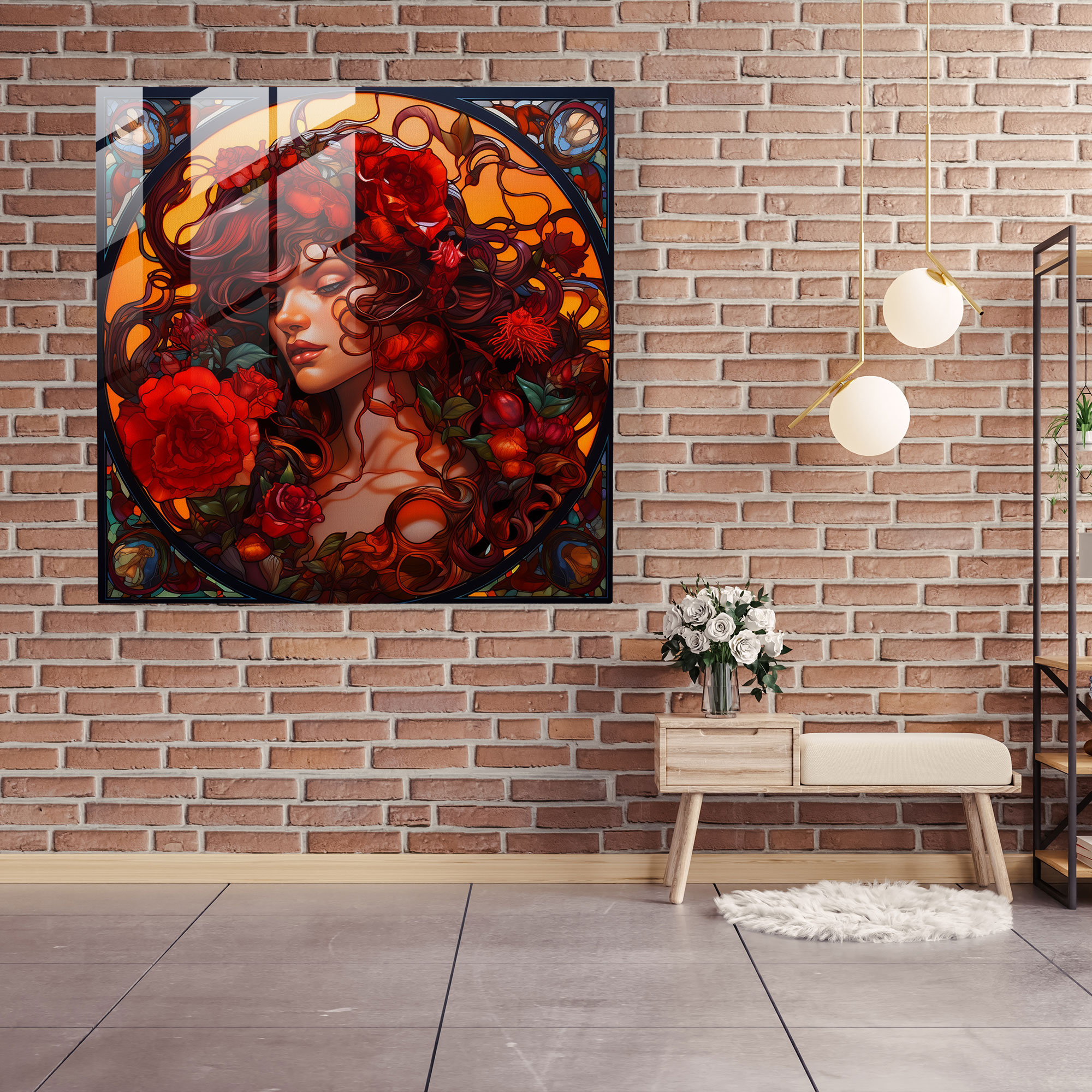 Medusa Alevli Gül Cam Tablo Sanatı - Canlı Tutku Dolu Modern Sanat
