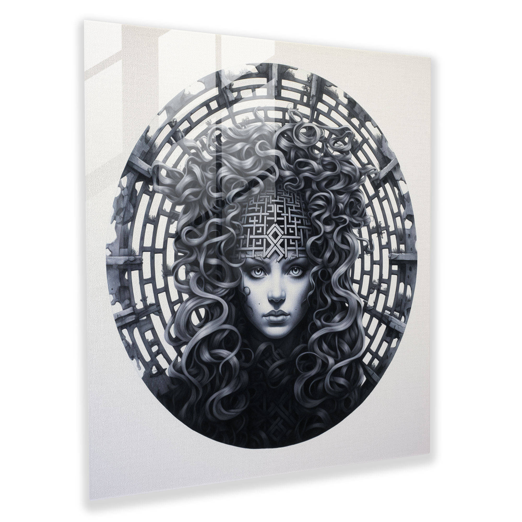 Medusa Labyrinth Silhouette Glass Print - Medusa, Enigmatic, Mysterious, Wall Decoration