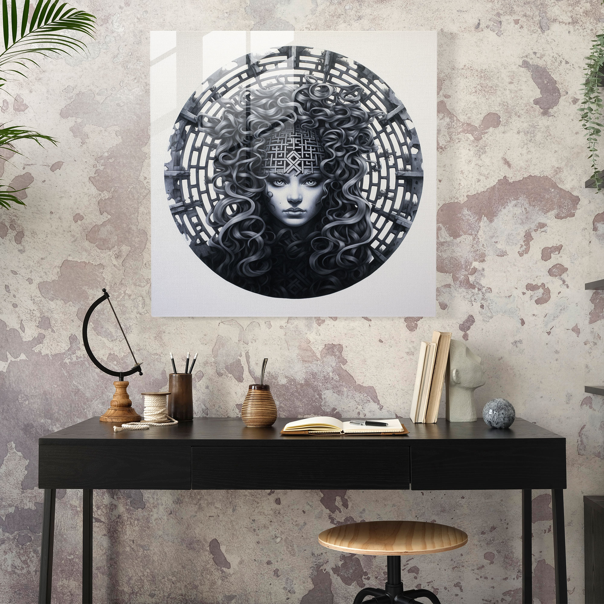 Medusa Labyrinth Silhouette Glass Print - Medusa, Enigmatic, Mysterious, Wall Decoration