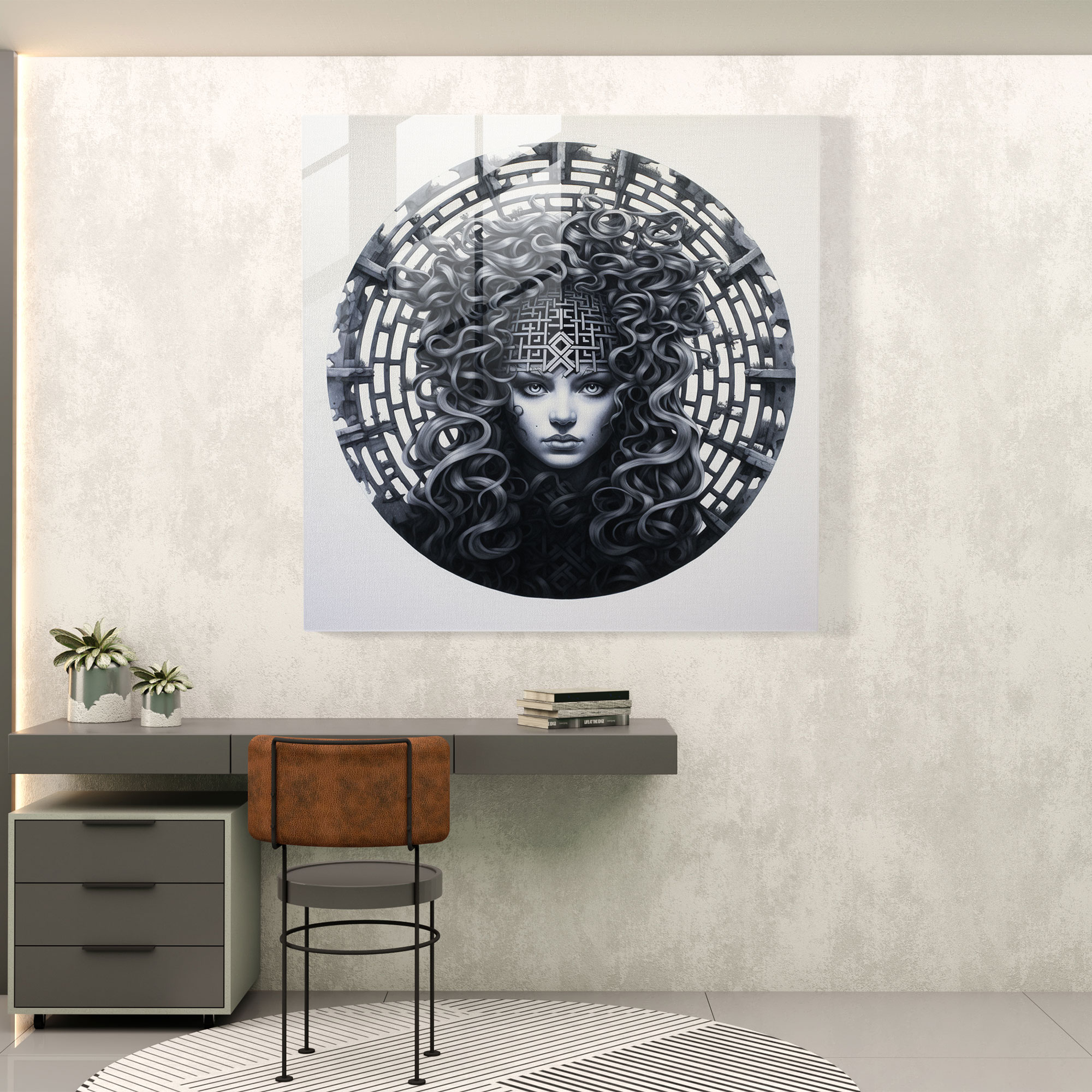Medusa Labyrinth Silhouette Glass Print - Medusa, Enigmatic, Mysterious, Wall Decoration