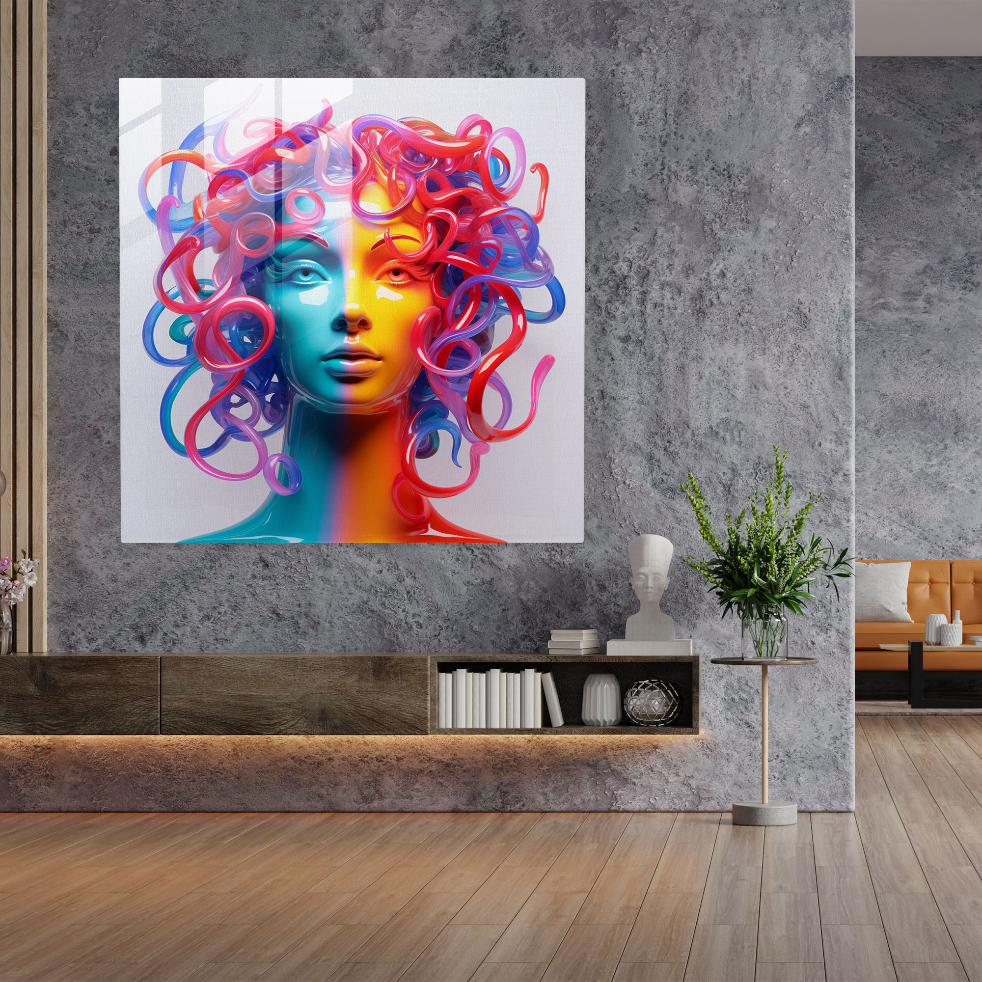 Mitolojik Gorgon Medusa'nın Canlı Renkli Portresi - Ev Dekorasyonu Cam Tablo - Cam Sanatı Duvar Dekorasyonu