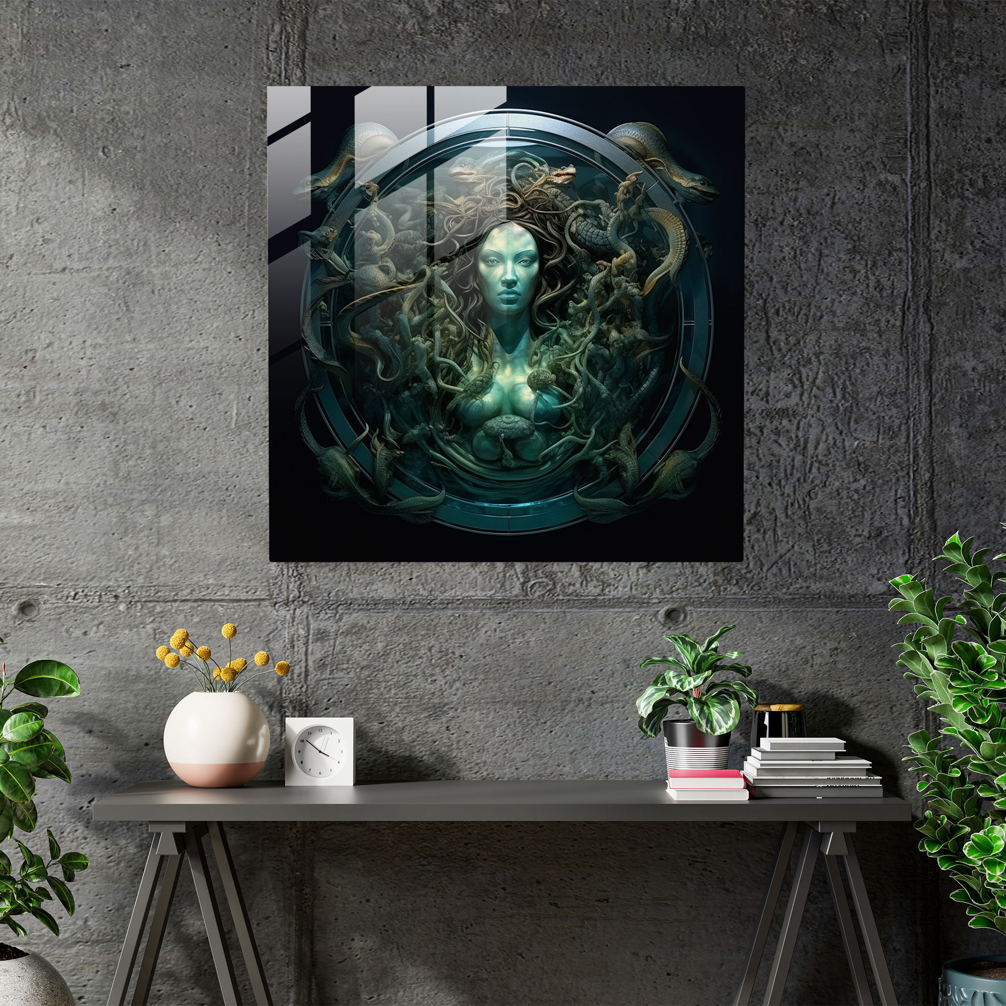 Mitolojik Gorgon'un gerçeküstü sualtı sahnesiyle Meduza Cam Duvar Sanatı - Ev Dekorasyonunda Cam Sanatı ve Modern Sanat