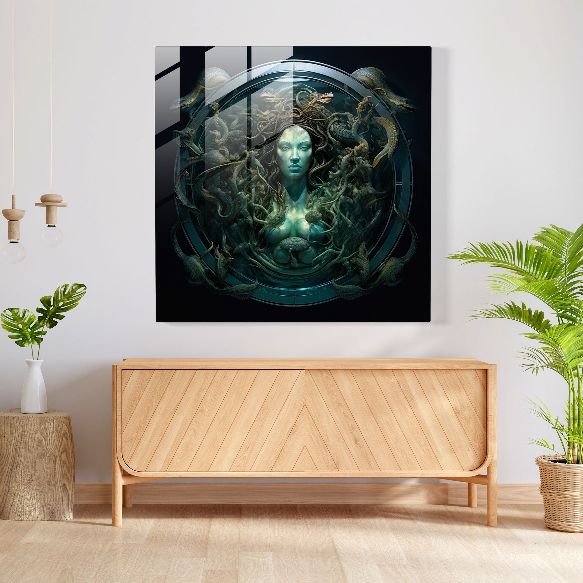 Mitolojik Gorgon'un gerçeküstü sualtı sahnesiyle Meduza Cam Duvar Sanatı - Ev Dekorasyonunda Cam Sanatı ve Modern Sanat
