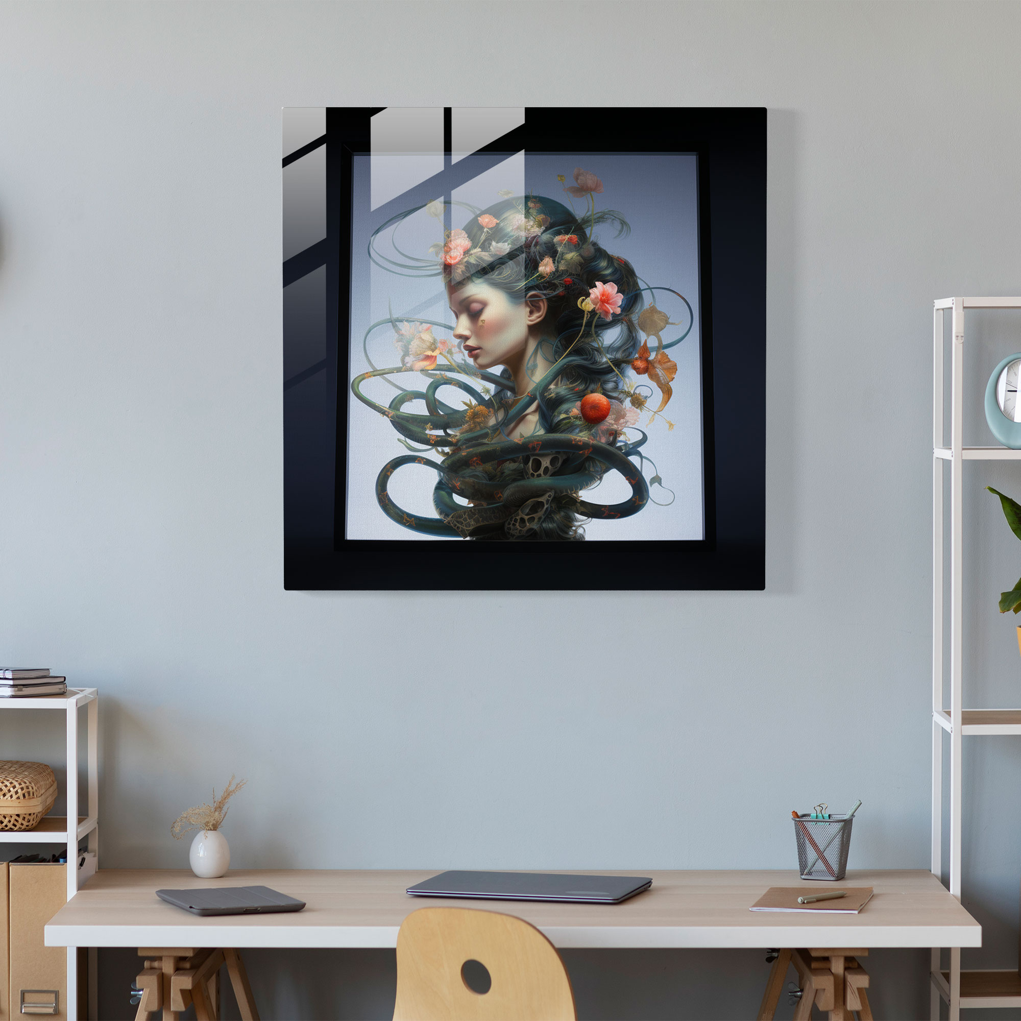 Medusa Glass Print - Contemporary Profile Intertwined With Symbolic Snakes And Flowers - Medusa, Glass Art, Home Decoration, Glass Wall Art