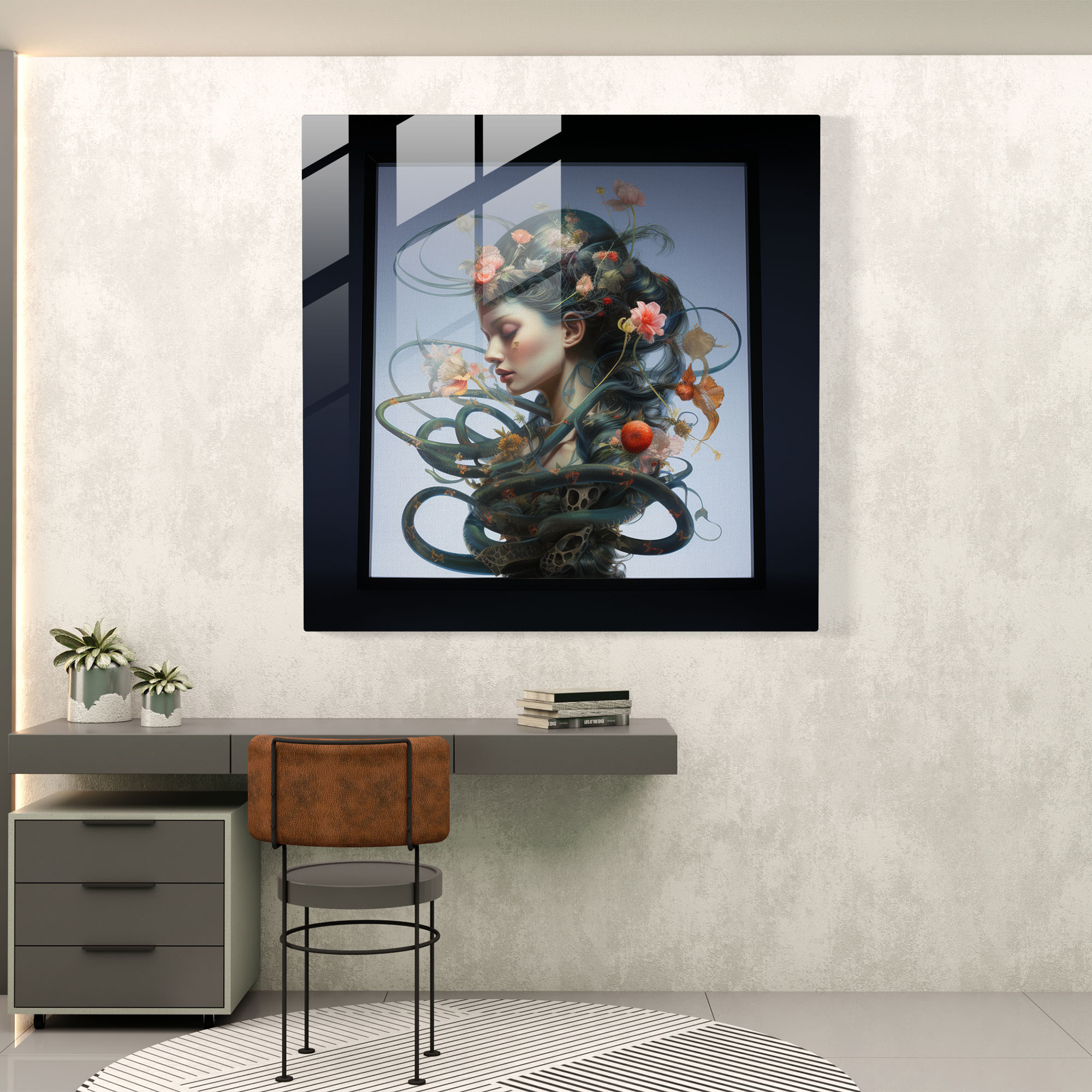 Medusa Glass Print - Contemporary Profile Intertwined With Symbolic Snakes And Flowers - Medusa, Glass Art, Home Decoration, Glass Wall Art