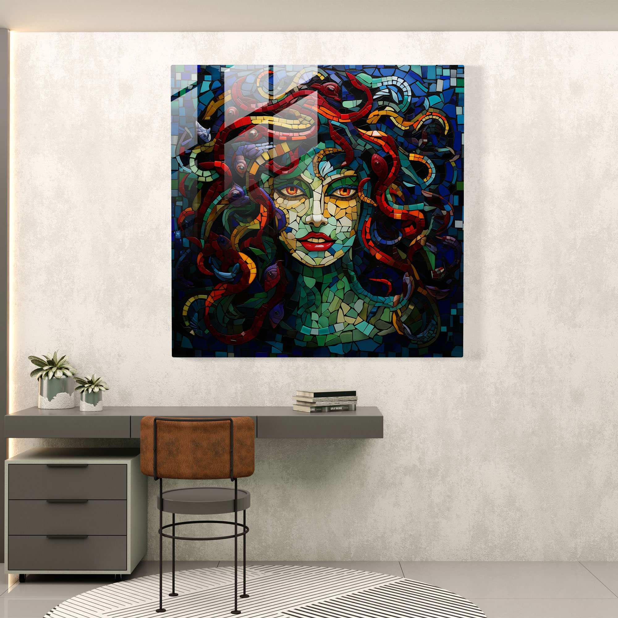 Renkli Cam Parçalarından Oluşan Mozaik Portre - Medusa Cam Sanatı Cam Duvar Sanatı Antik Sanat Ustalığı