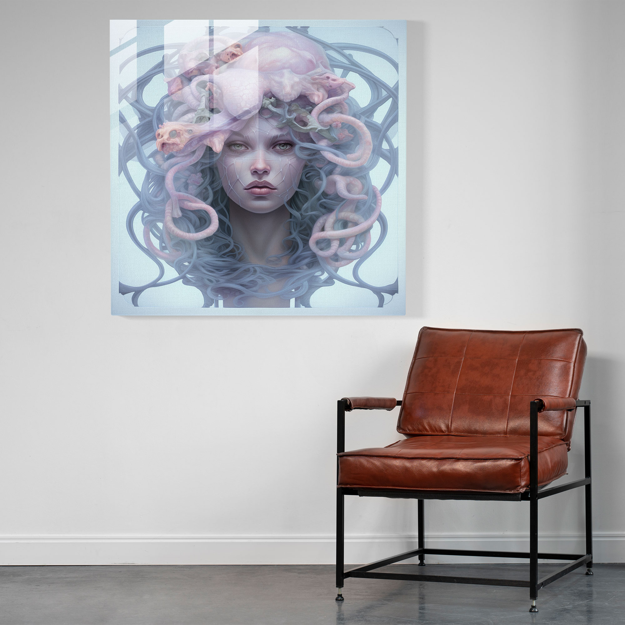 Medusa Cam Tablo - Yumuşak Pastel Tonlarıyla Mistik Ortamda Eterik Betimleme - Medusa Mistik Ortam Yumuşak Pastel Tonları - Cam Tablo