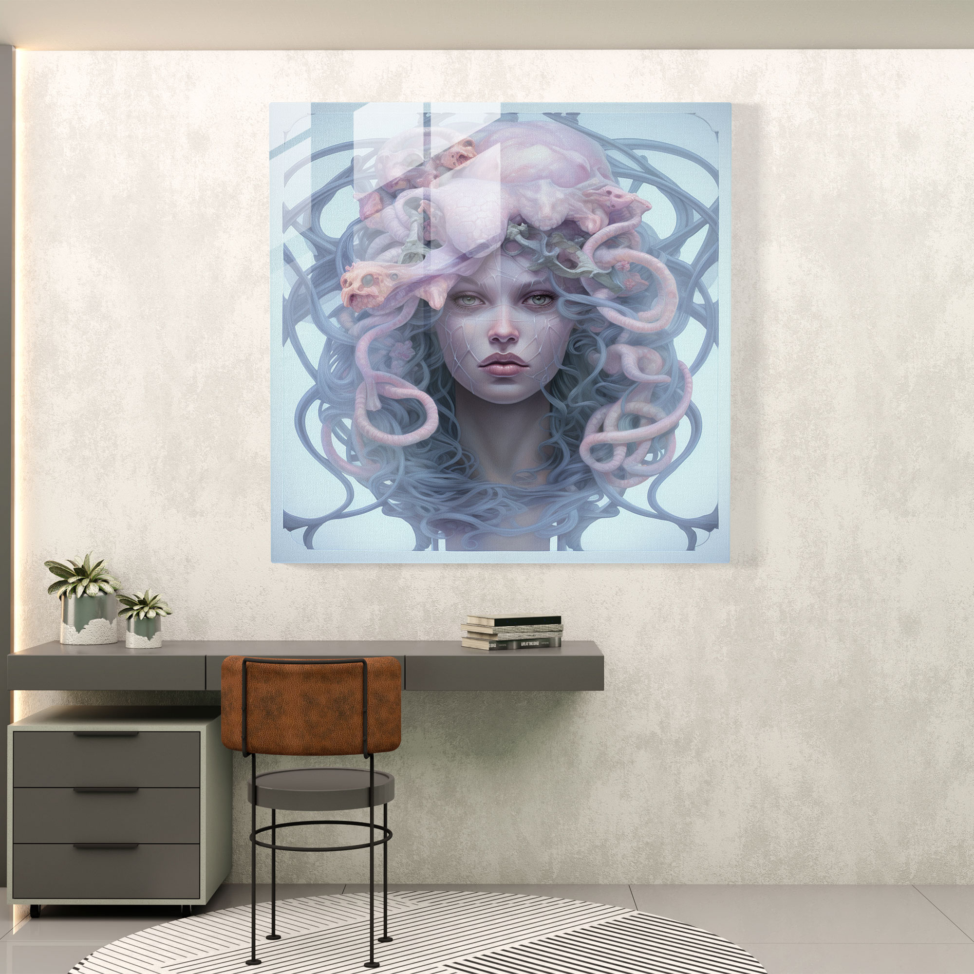 Medusa Cam Tablo - Yumuşak Pastel Tonlarıyla Mistik Ortamda Eterik Betimleme - Medusa Mistik Ortam Yumuşak Pastel Tonları - Cam Tablo