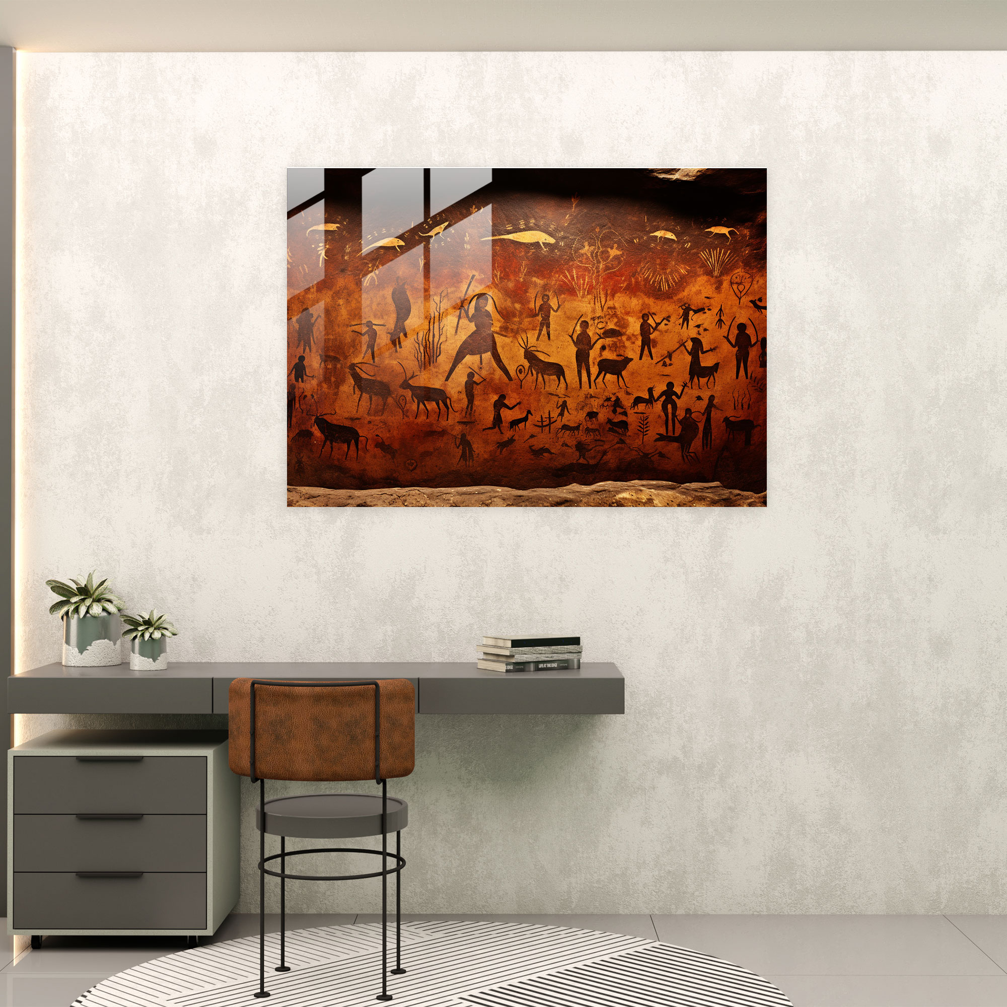 Mesolithic Cave Painting Home Decoration - Mesolithic, Modern Art, Glass Art, Hunting Scenes