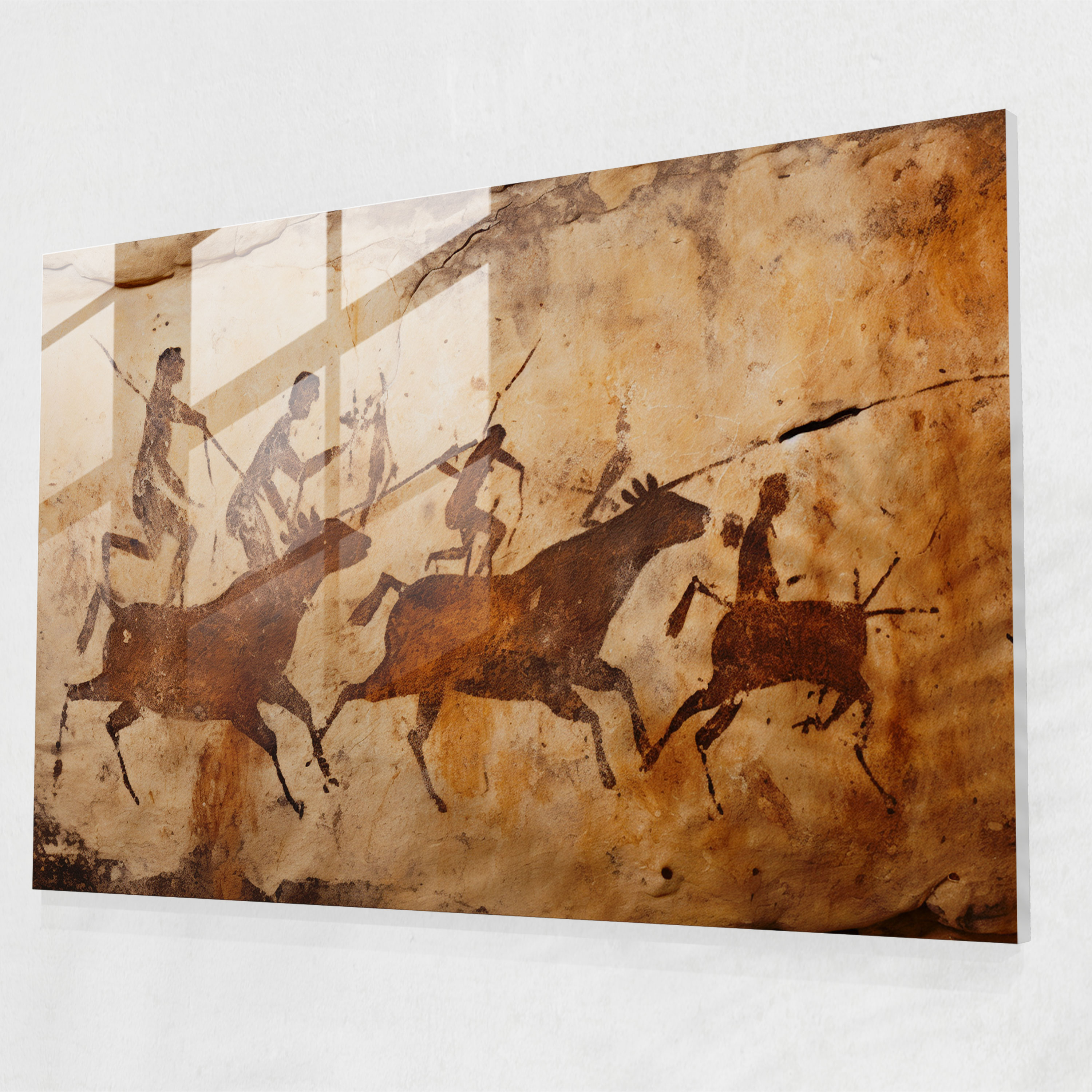Mesolithic Glass Print - Cave Painting - Mesolithic, Wall Decoration, Glass Art, Hunters