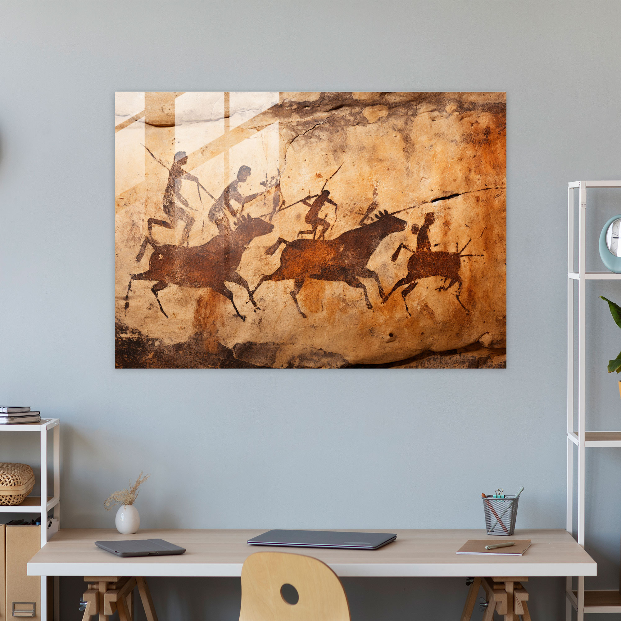 Mesolithic Glass Print - Cave Painting - Mesolithic, Wall Decoration, Glass Art, Hunters