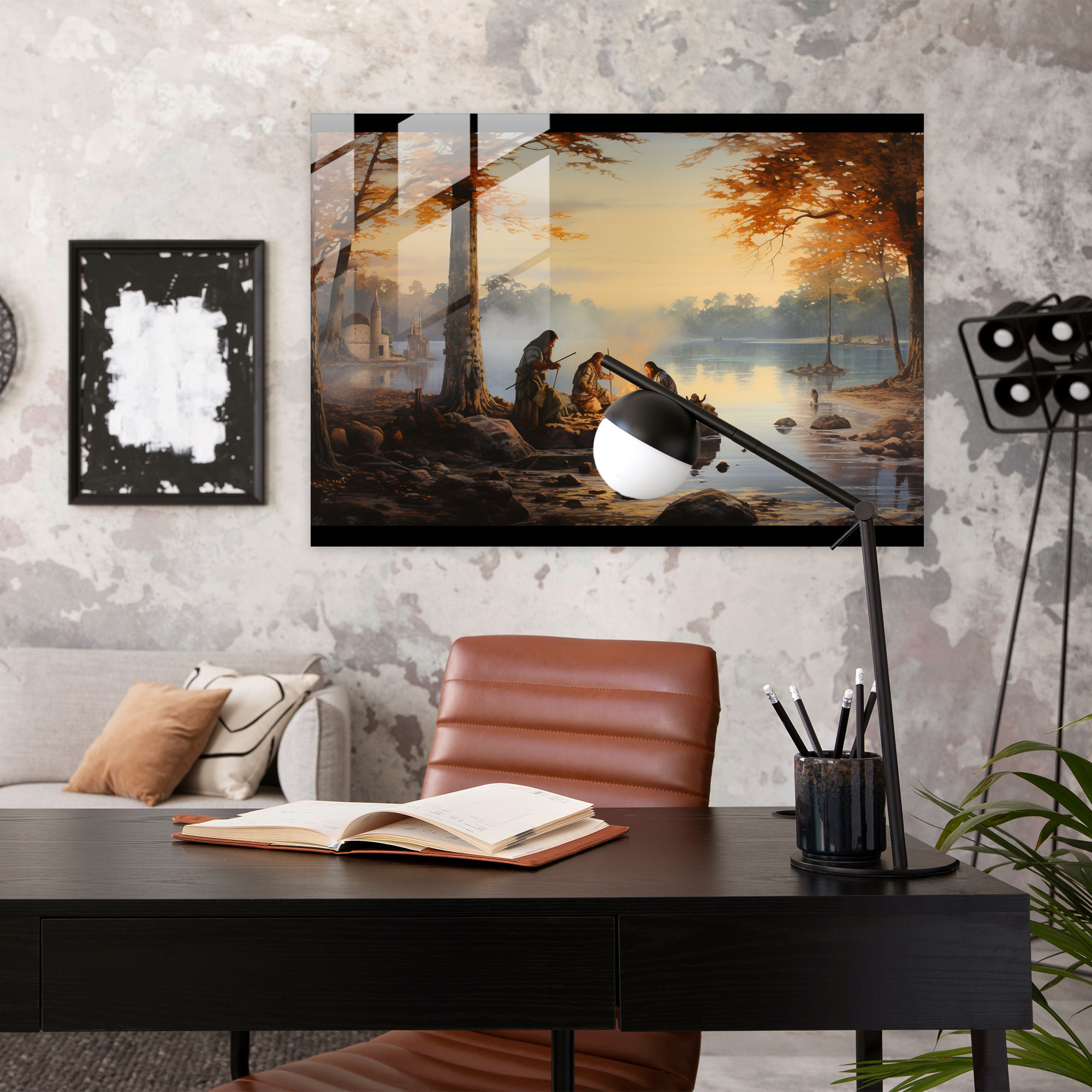 Serene Mesolithic Lakeside Glass Wall Art - Mesolithic, Glass Wall Art, Family, Lakeside Scene