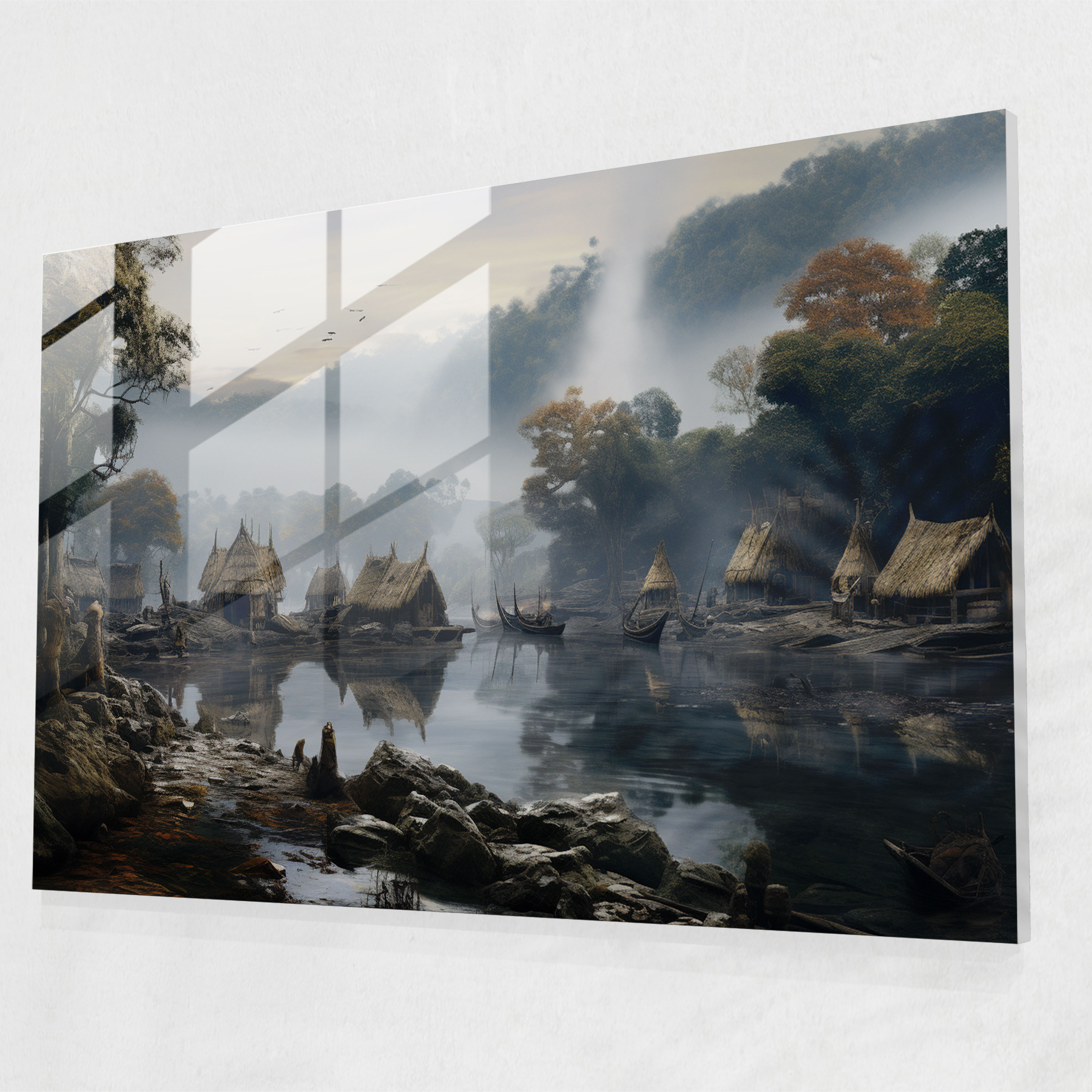 Simplicity Mesolithic Riverside Glass Print - Mesolithic, Serene Riverside Scene, Glass Wall Art, Simplicity