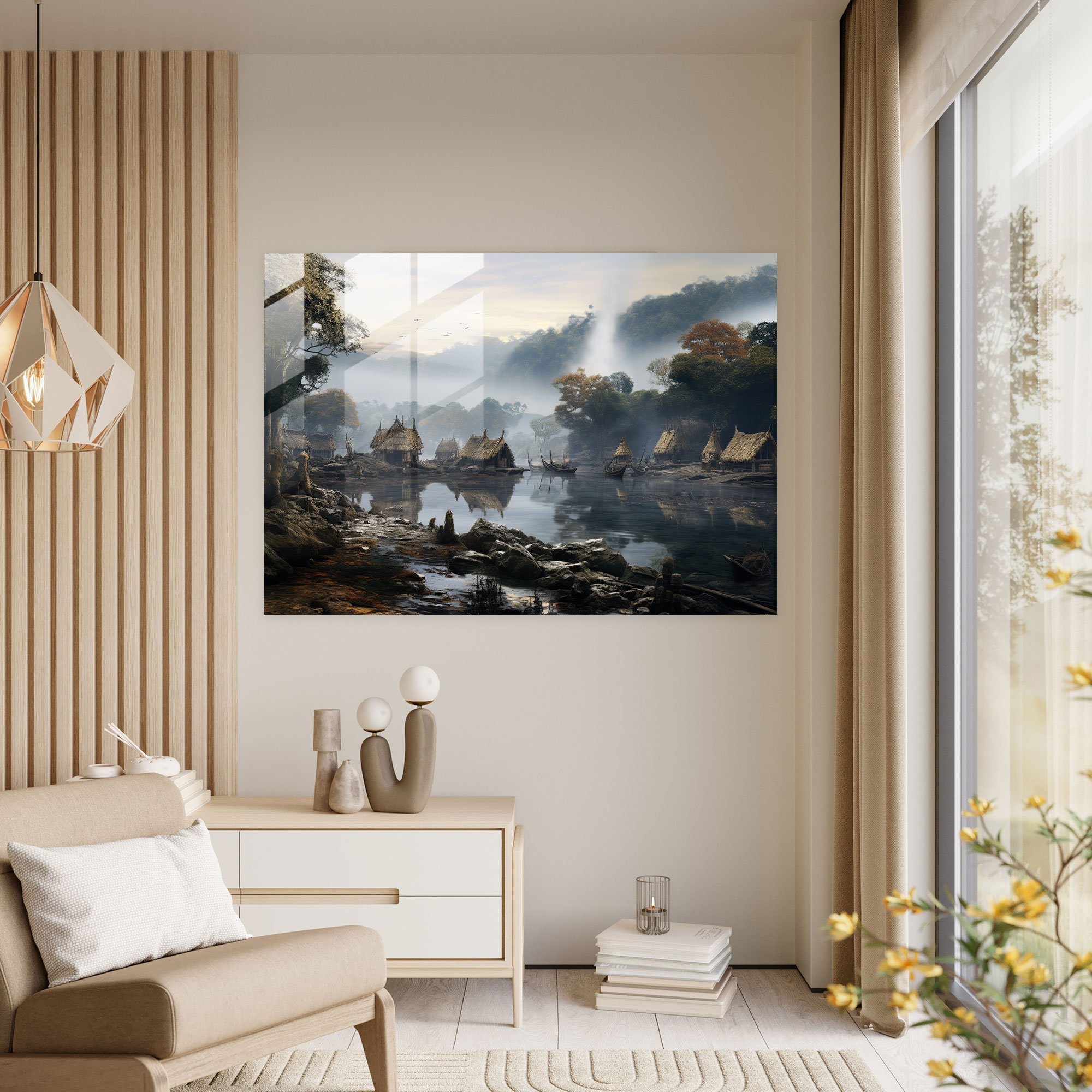 Simplicity Mesolithic Riverside Glass Print - Mesolithic, Serene Riverside Scene, Glass Wall Art, Simplicity