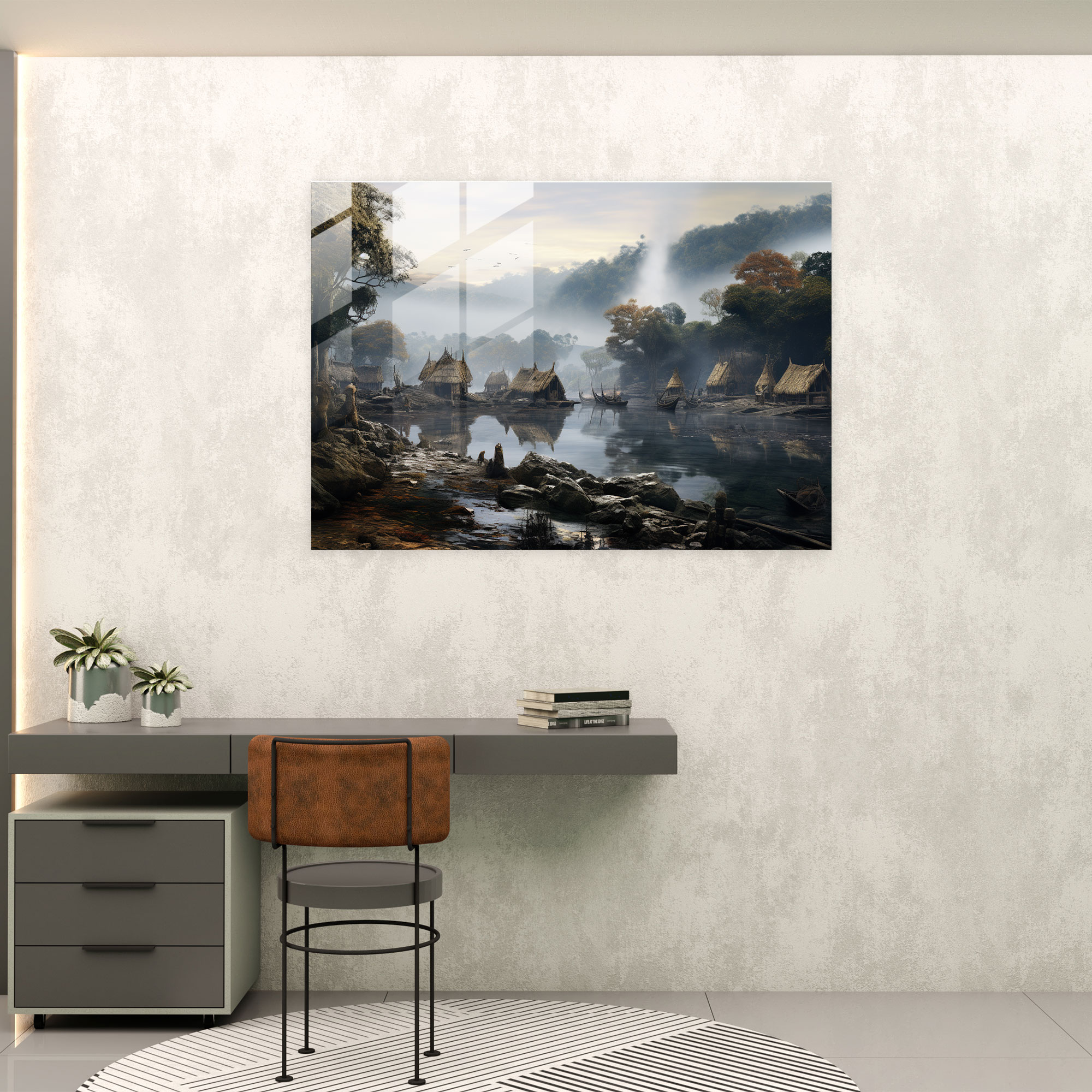 Simplicity Mesolithic Riverside Glass Print - Mesolithic, Serene Riverside Scene, Glass Wall Art, Simplicity