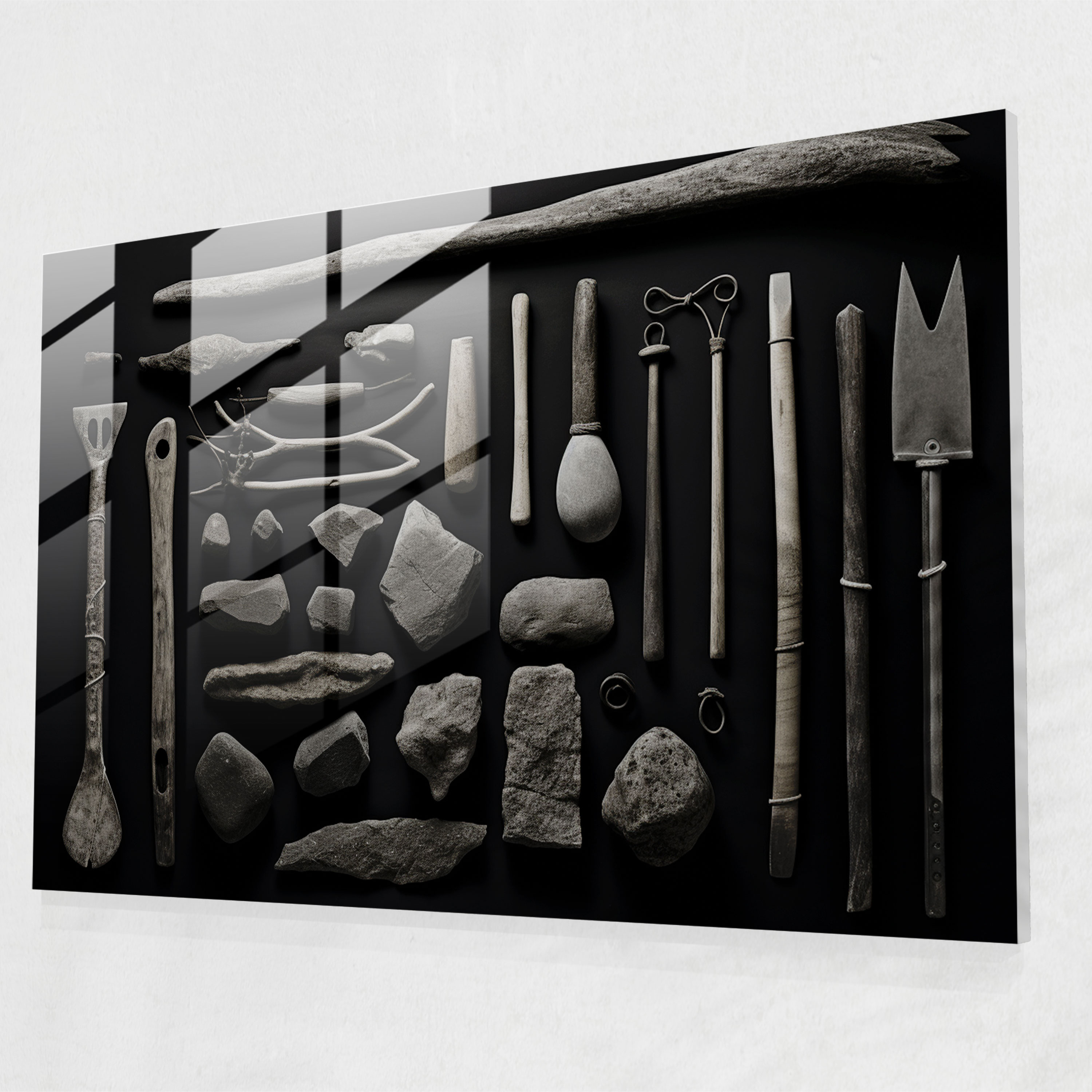 Mesolithic Glass Print: Minimalist Photography - Mesolithic, Modern Art, Glass Art, Tools