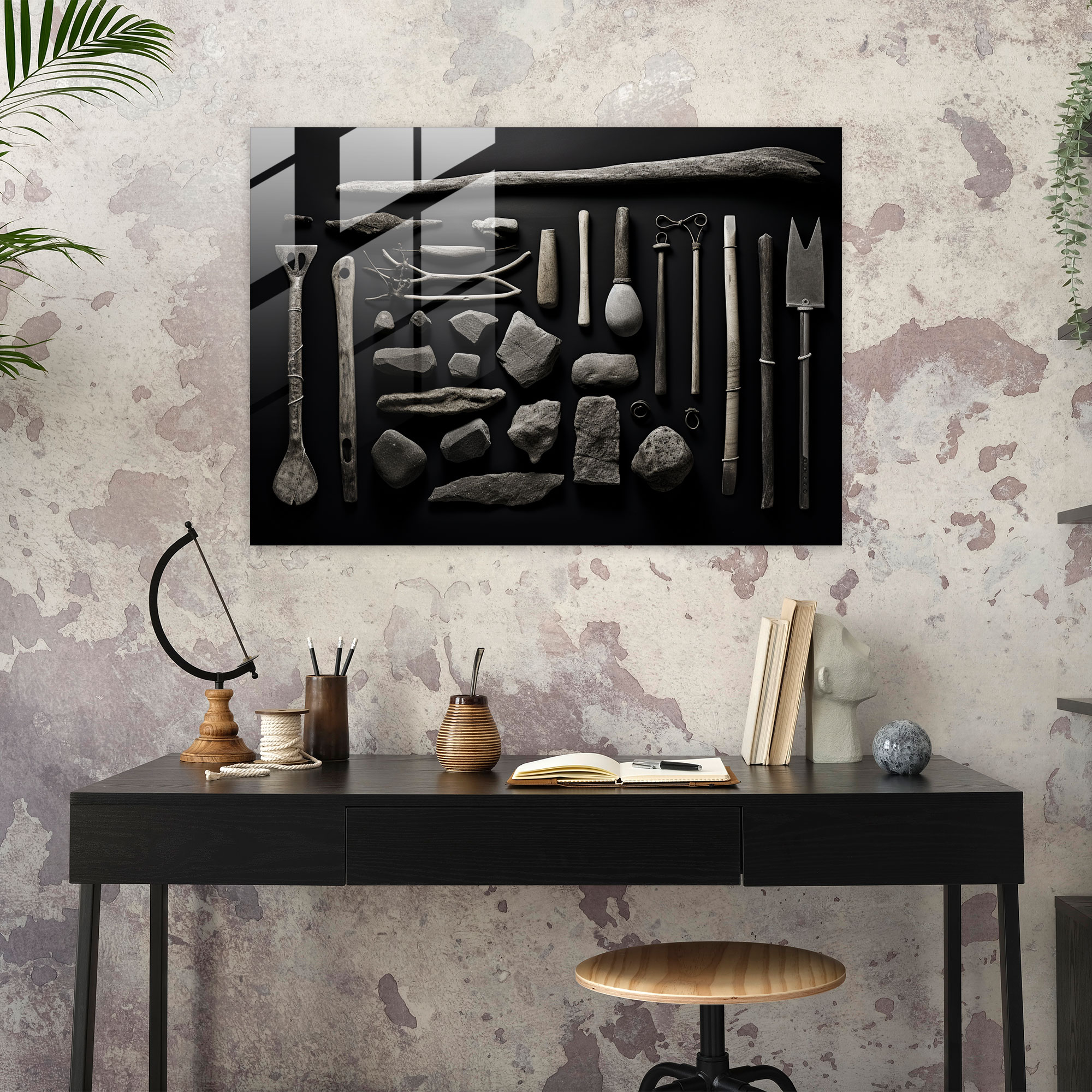 Mesolithic Glass Print: Minimalist Photography - Mesolithic, Modern Art, Glass Art, Tools