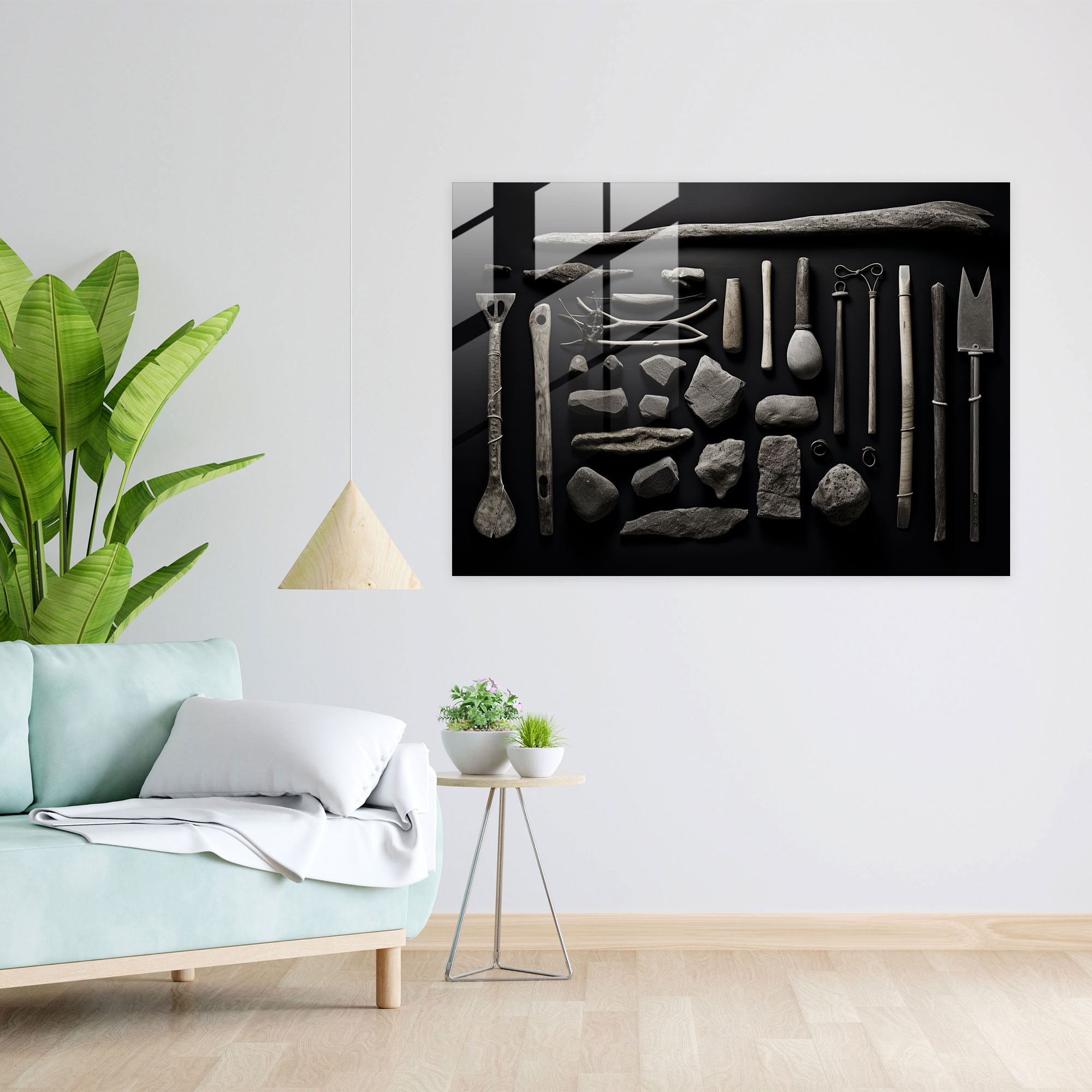 Mesolithic Glass Print: Minimalist Photography - Mesolithic, Modern Art, Glass Art, Tools
