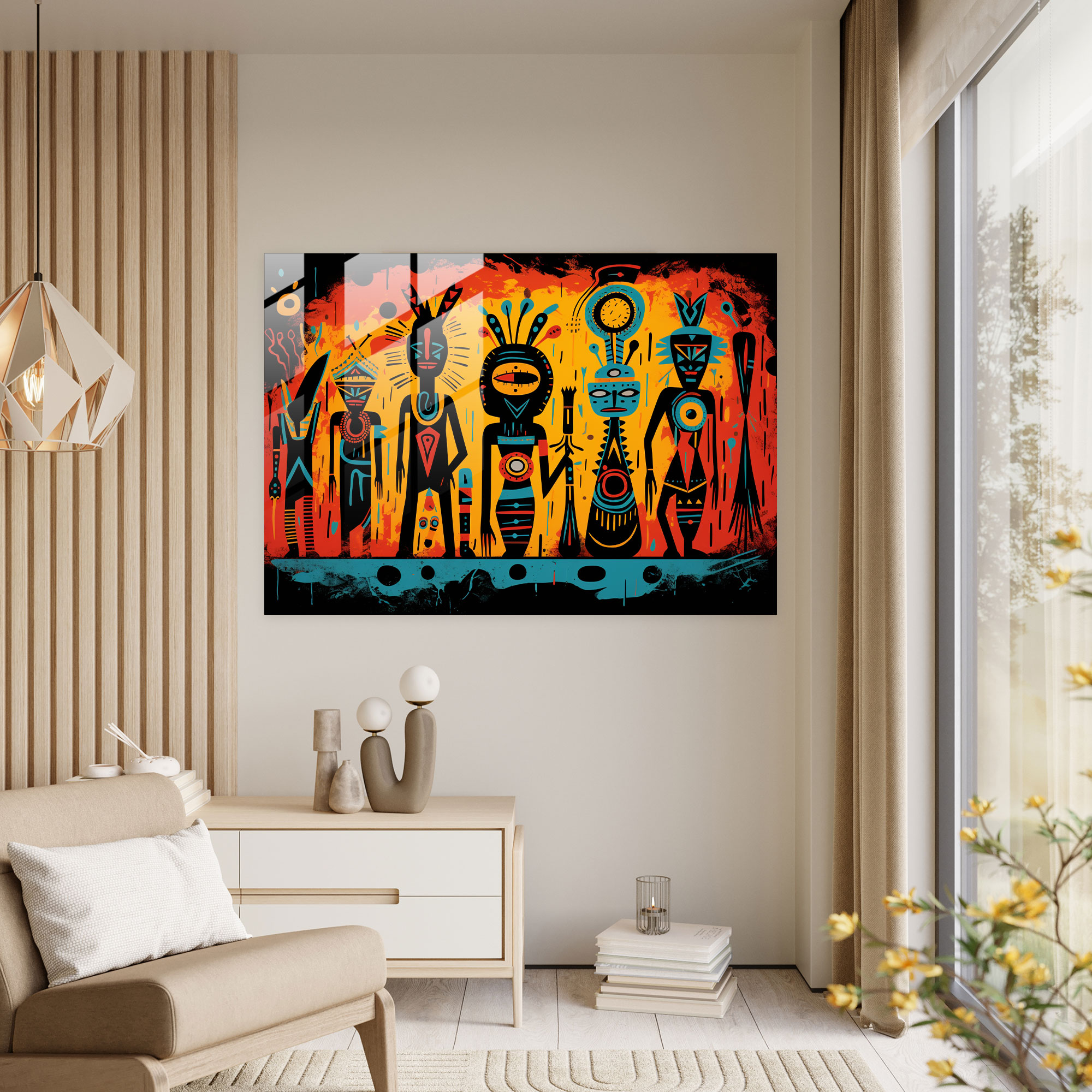 Mesolithic Glass Wall Art: Pop Art Illustration - Mesolithic, Vibrant, Figures, Glass Art